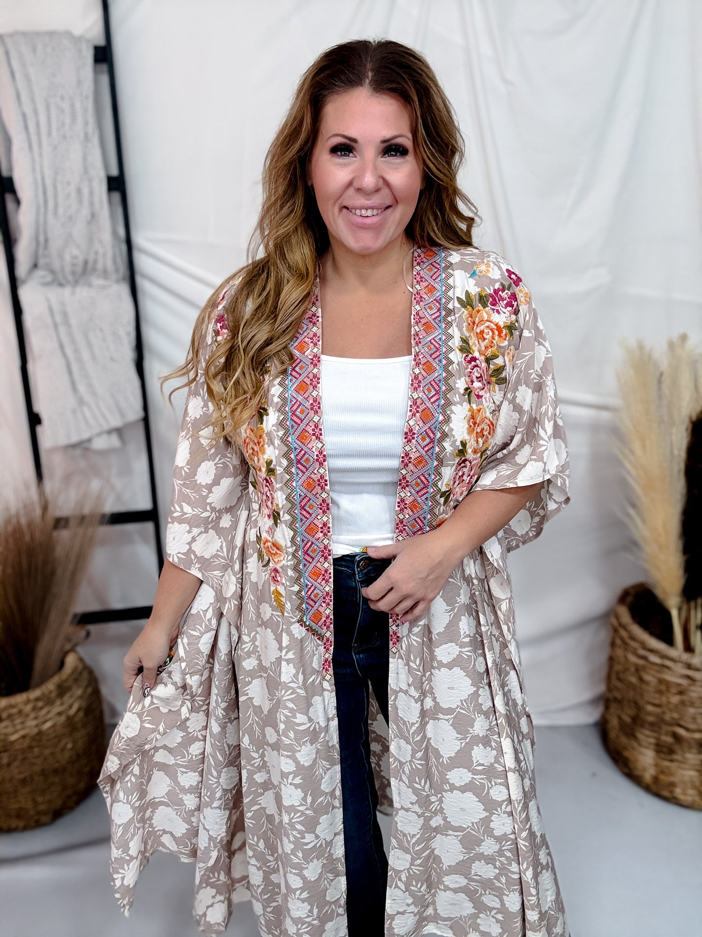 Floral Print Embroidered Open Front Kimono