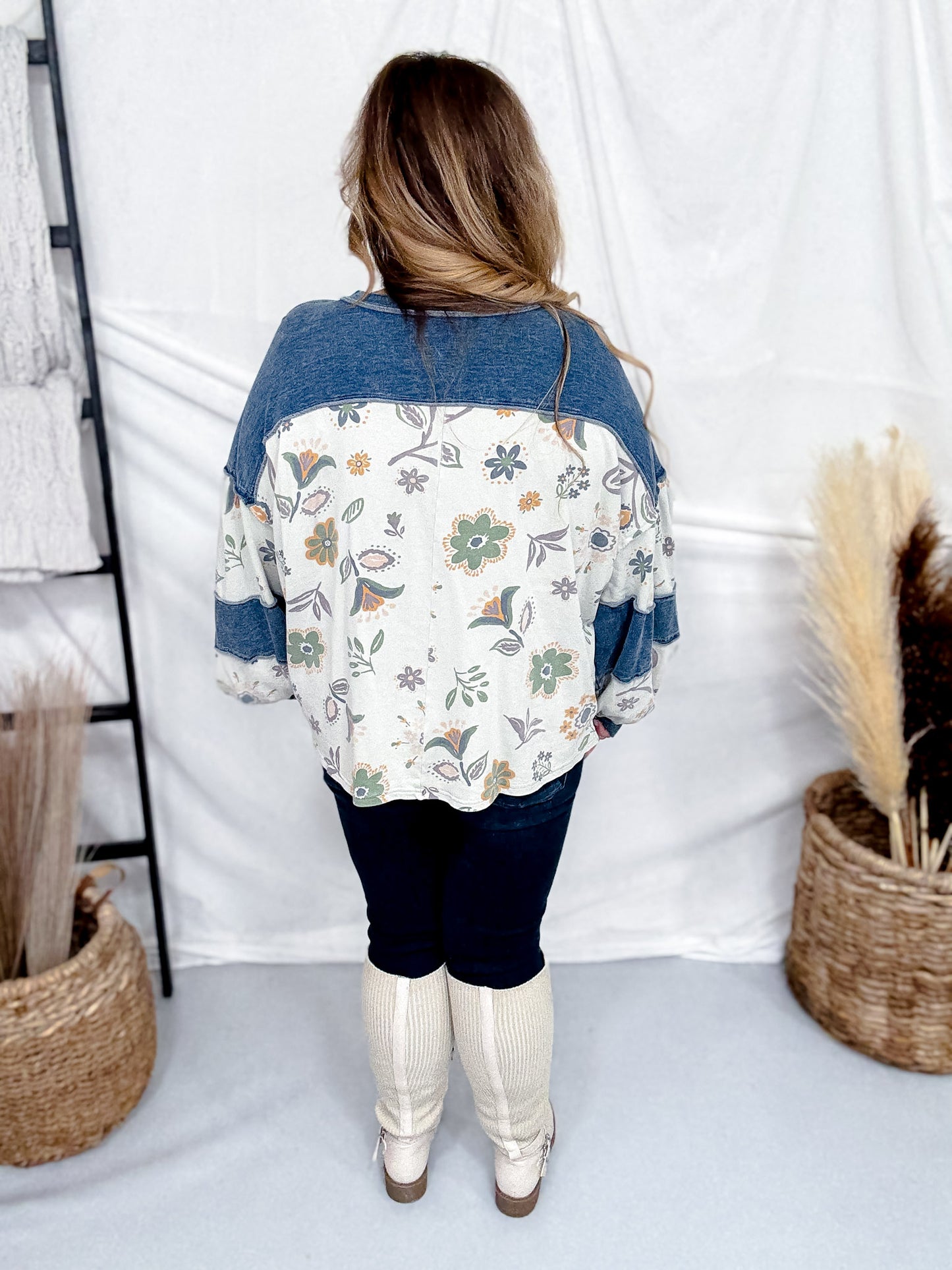 Floral Print Pullover With Contrasting Denim Details