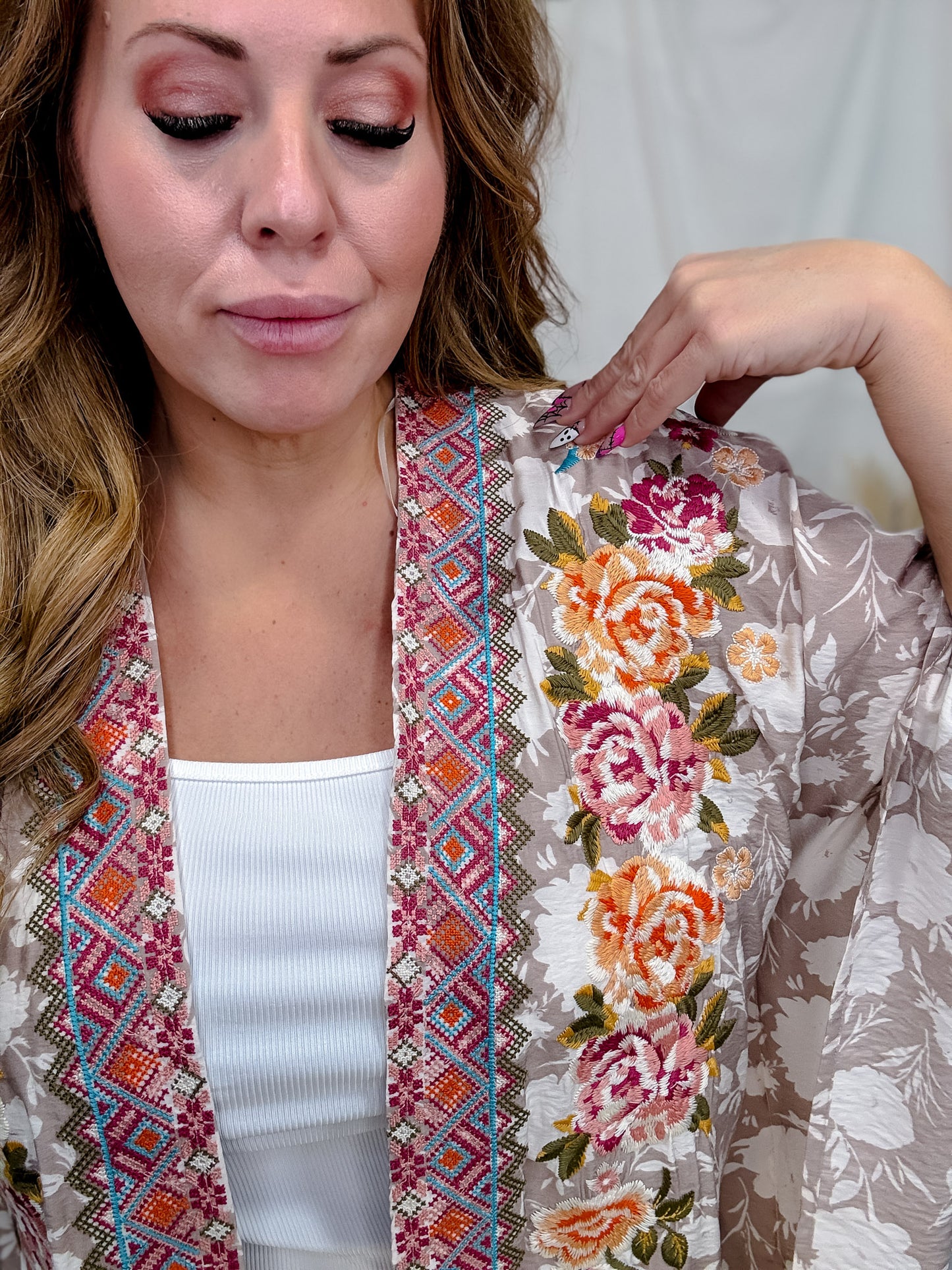 Floral Print Embroidered Open Front Kimono