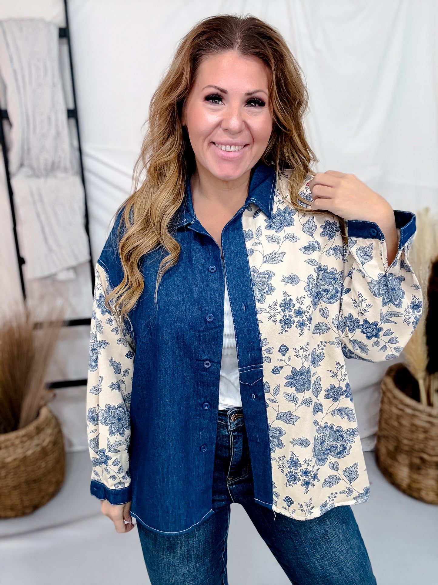 Denim & Floral Colorblock Button Down Top