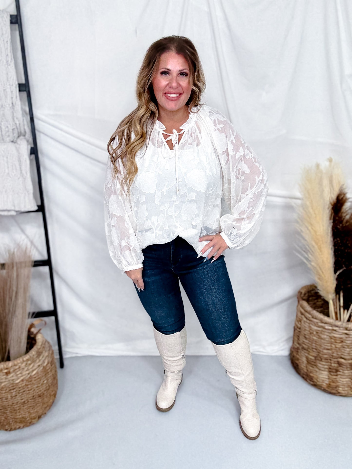 Ivory Floral Jacquard Sheer Blouse