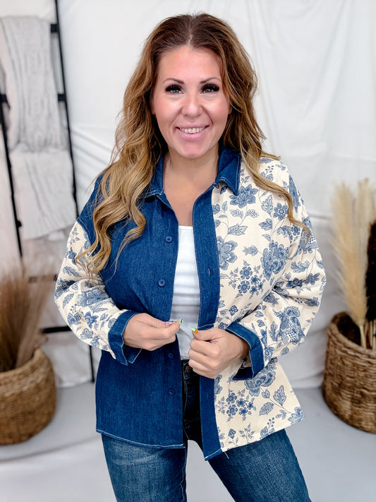 Denim & Floral Colorblock Button Down Top