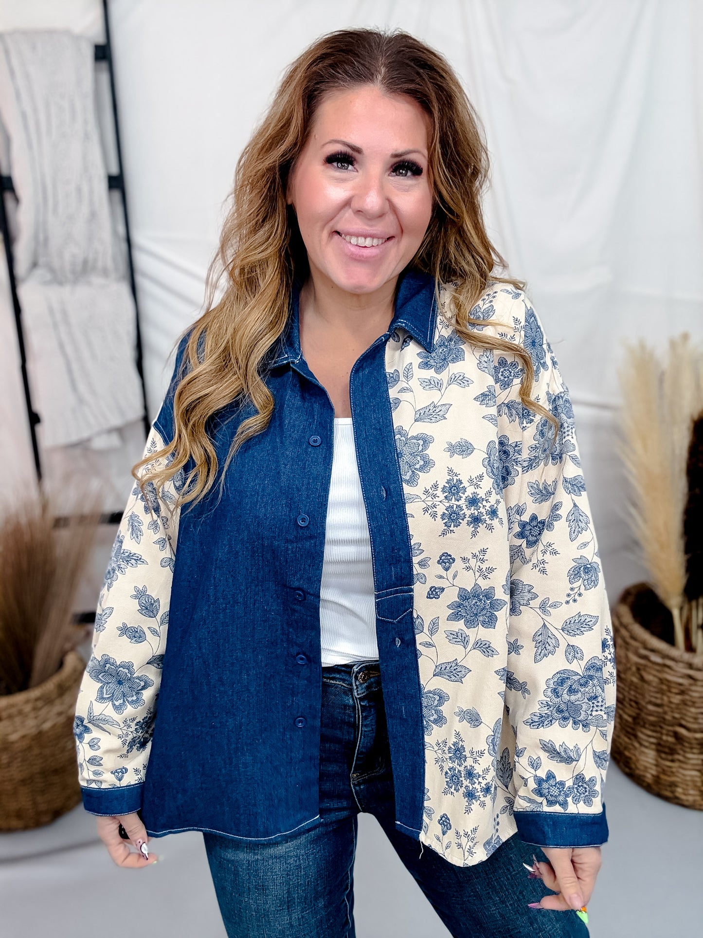 Denim & Floral Colorblock Button Down Top