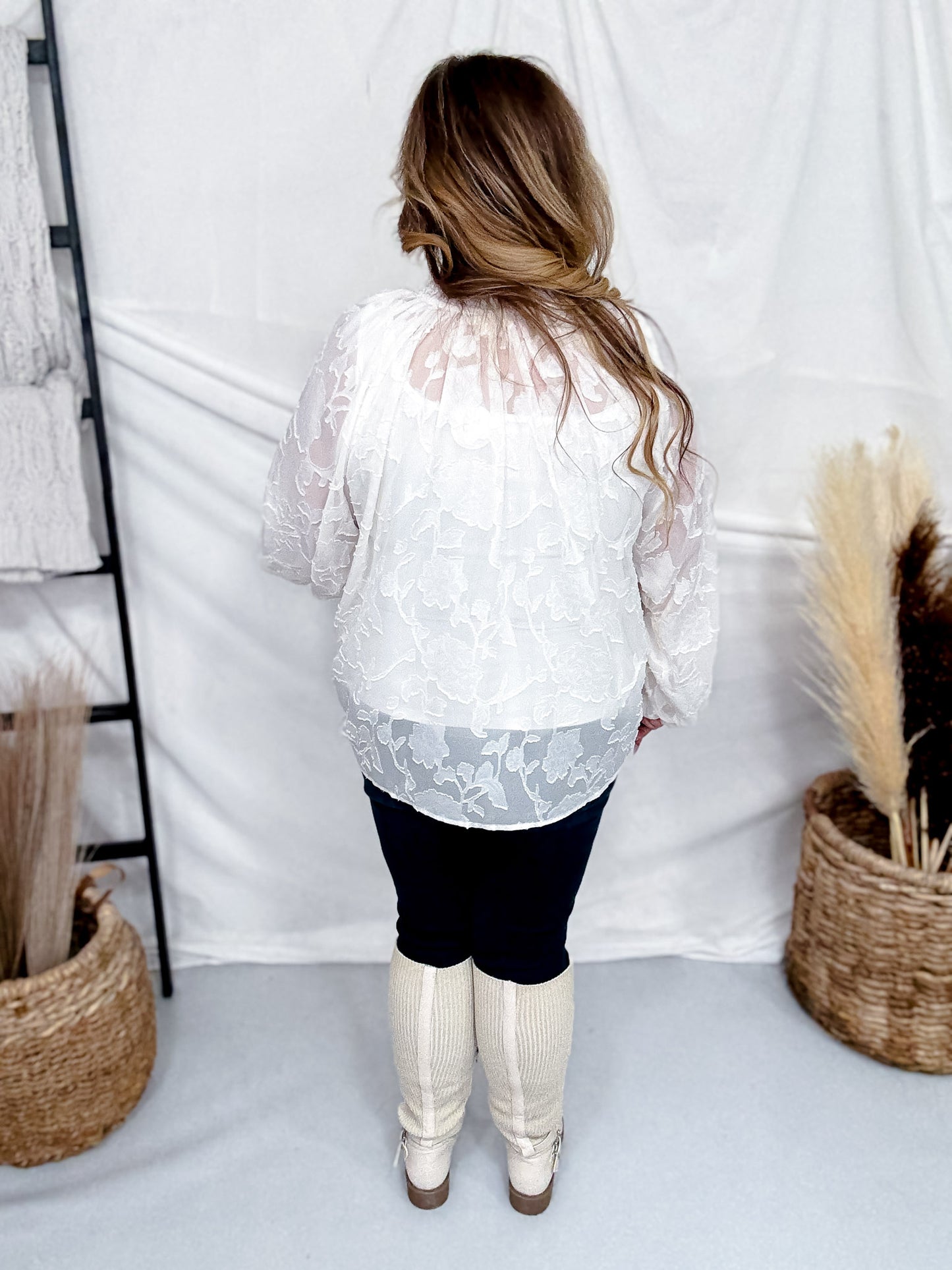 Ivory Floral Jacquard Sheer Blouse