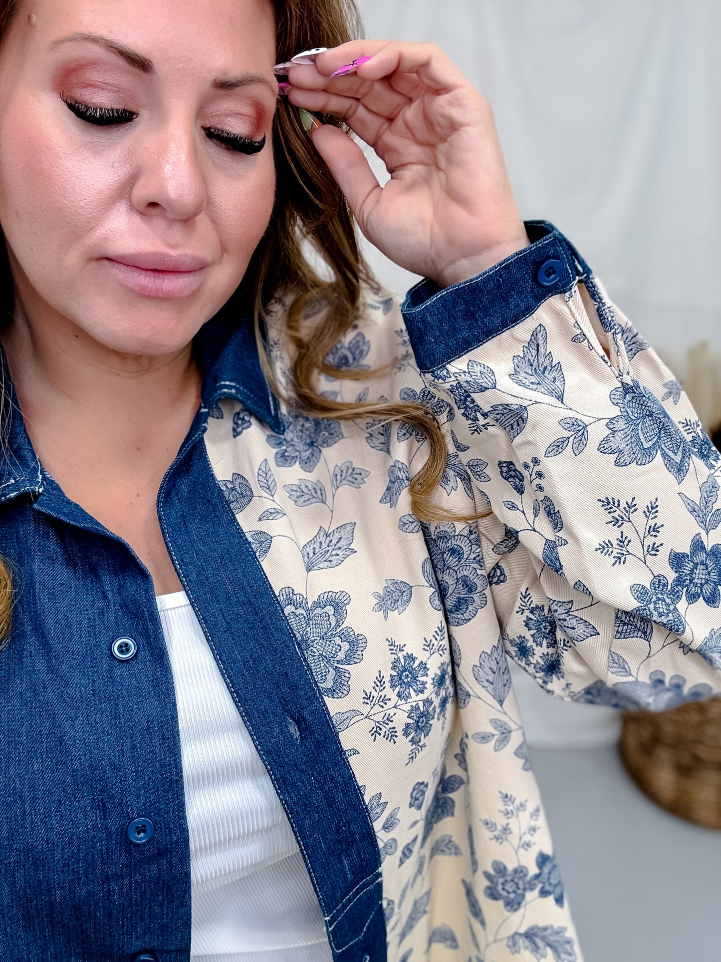 Denim & Floral Colorblock Button Down Top
