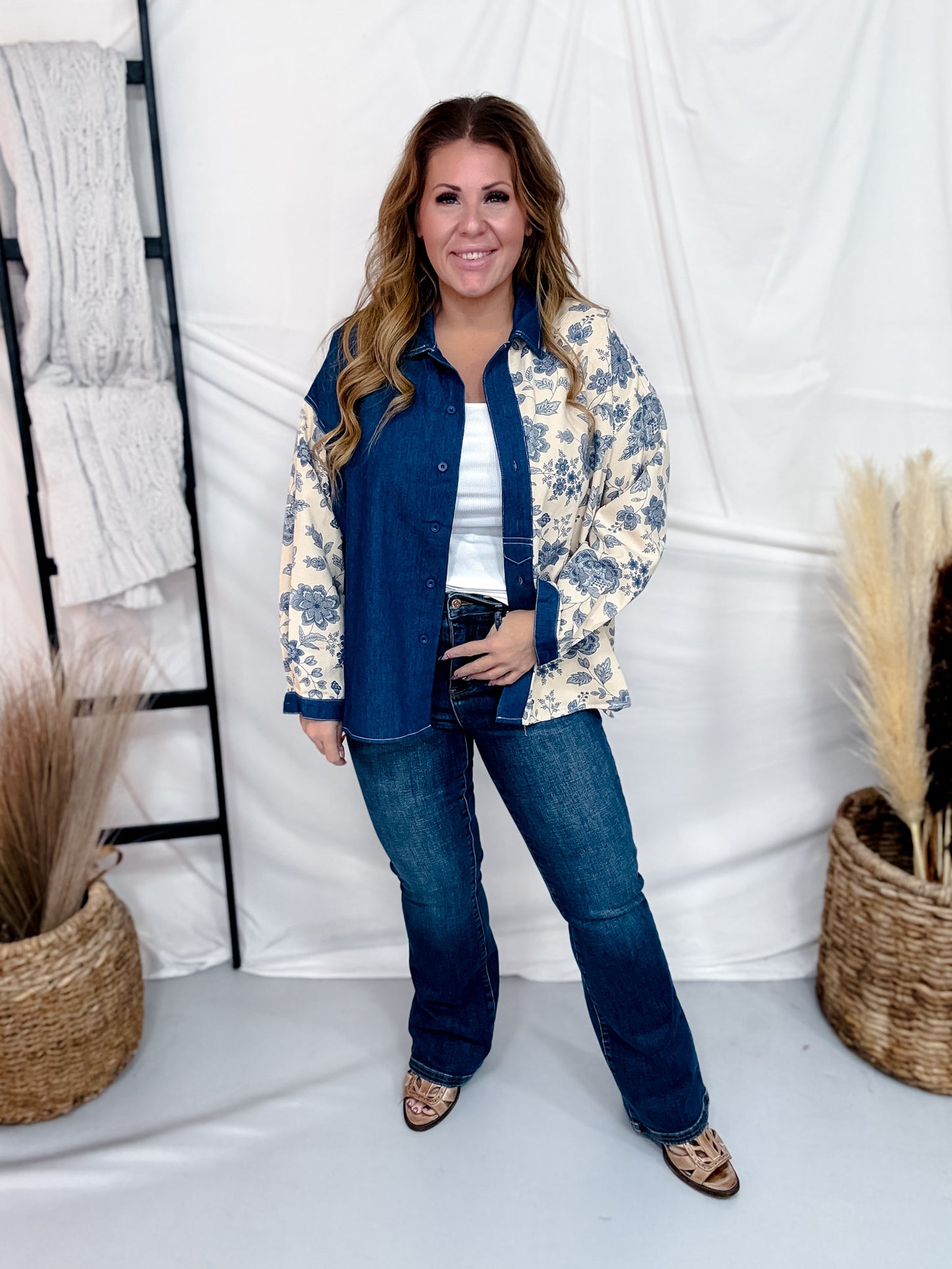 Denim & Floral Colorblock Button Down Top
