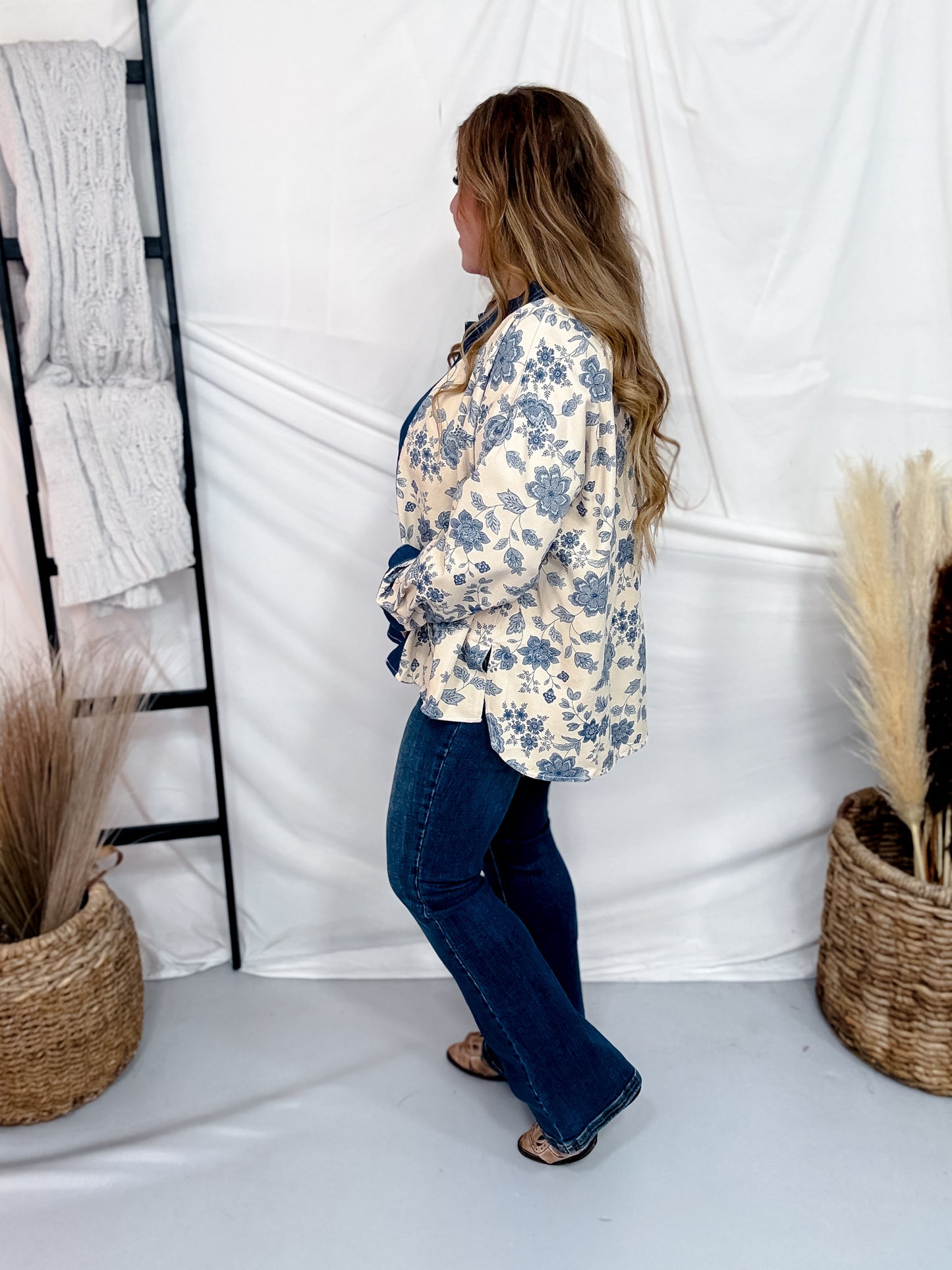 Denim & Floral Colorblock Button Down Top