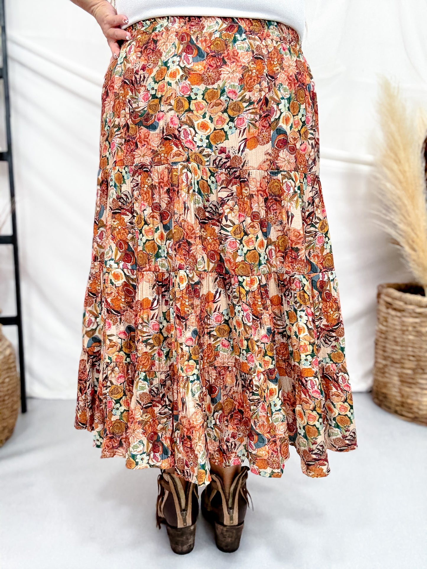 Bohemian Floral Elastic Waist Tiered Skirt