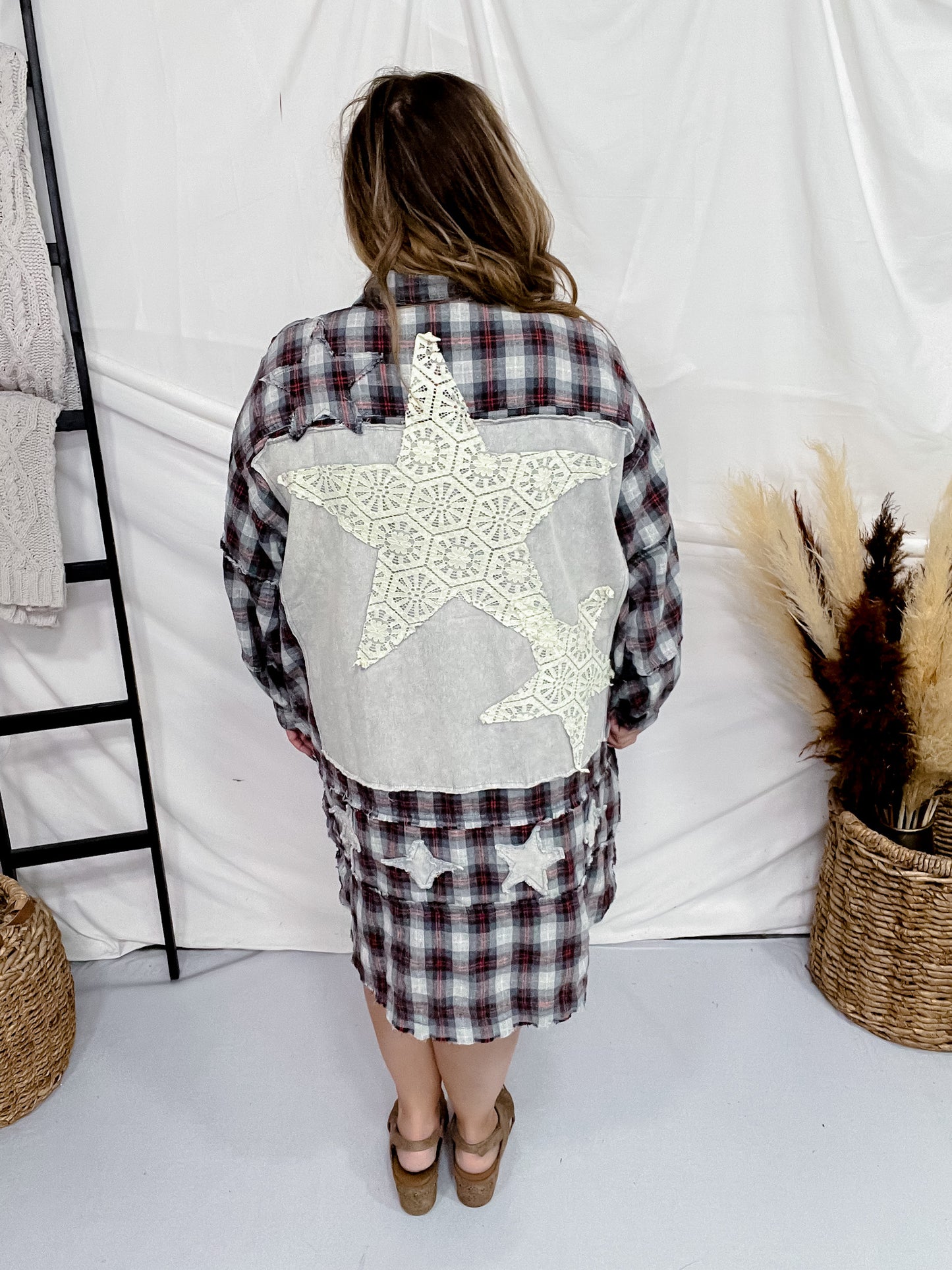 Star Patch Button Front Plaid Shirt Dress