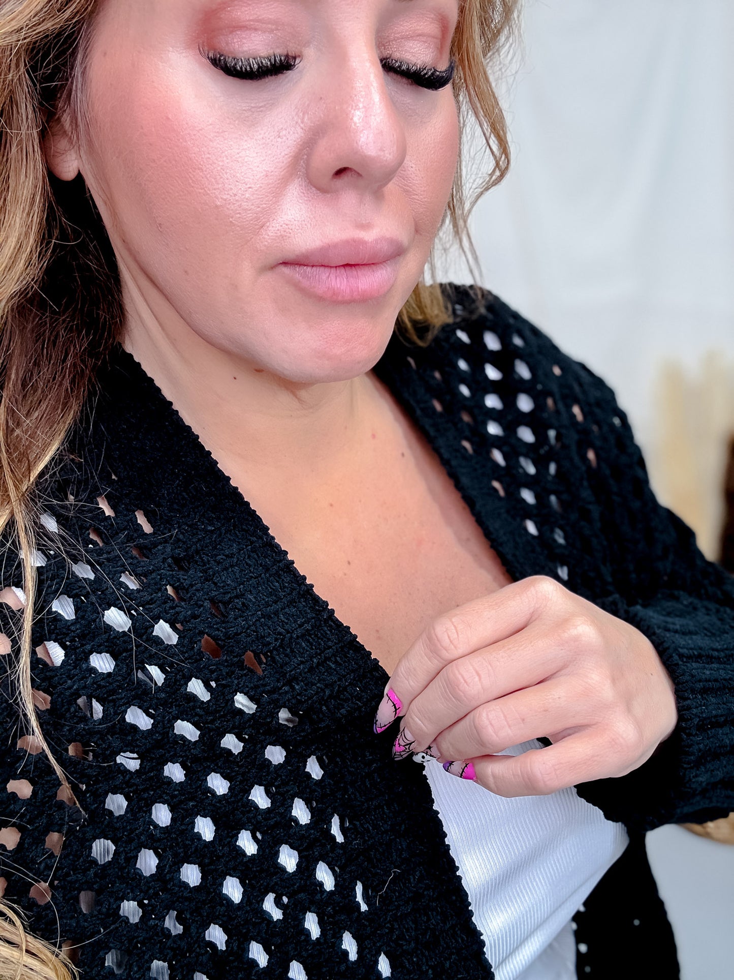 Black Open Front Crochet Cardigan