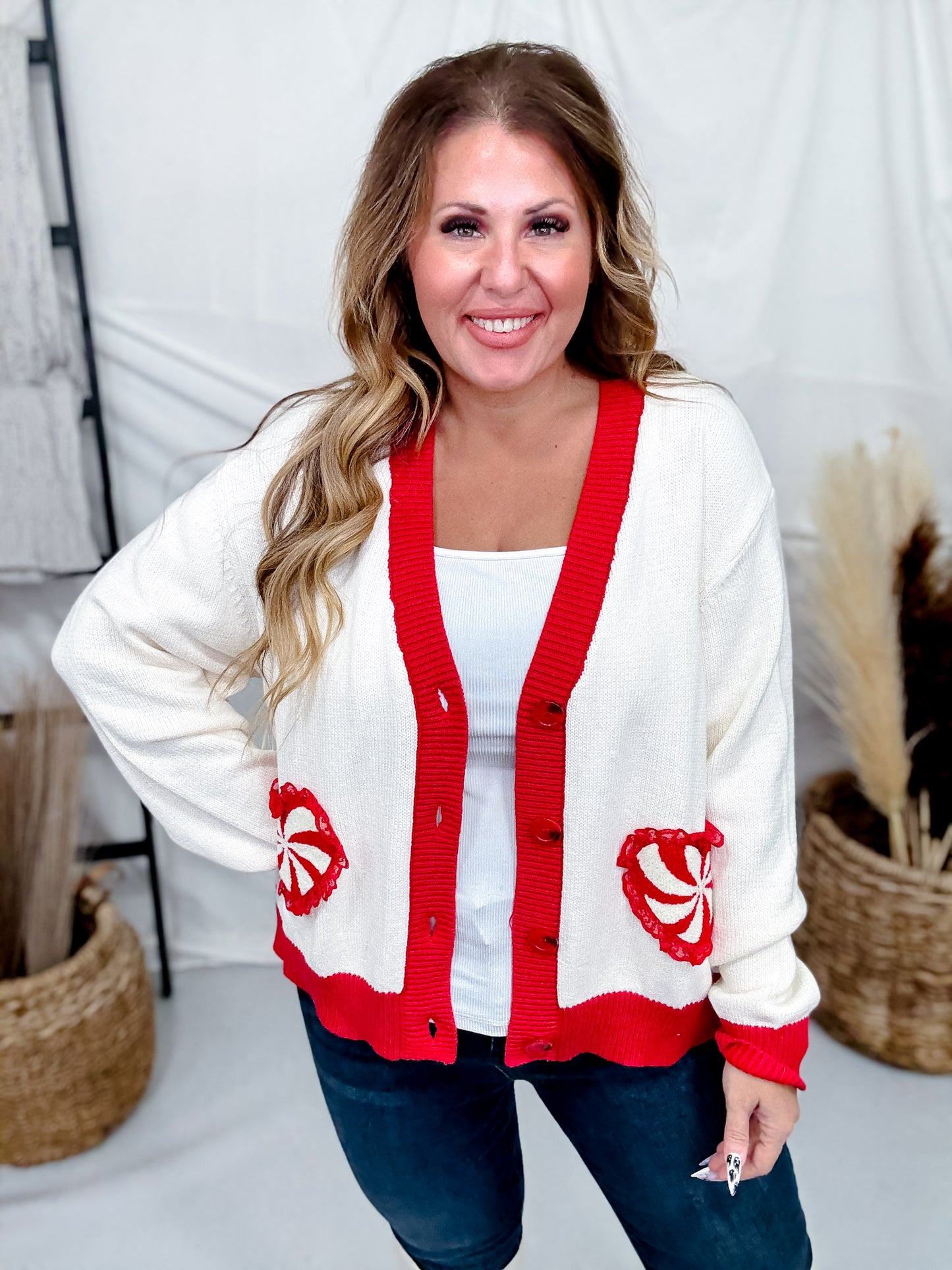 Heart Shaped Peppermint Swirl Button Front Cardigan