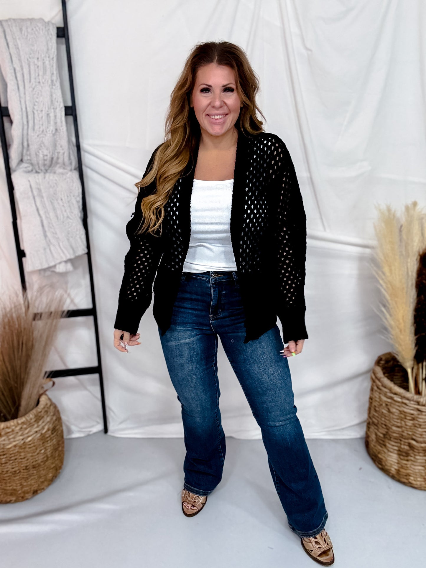 Black Open Front Crochet Cardigan