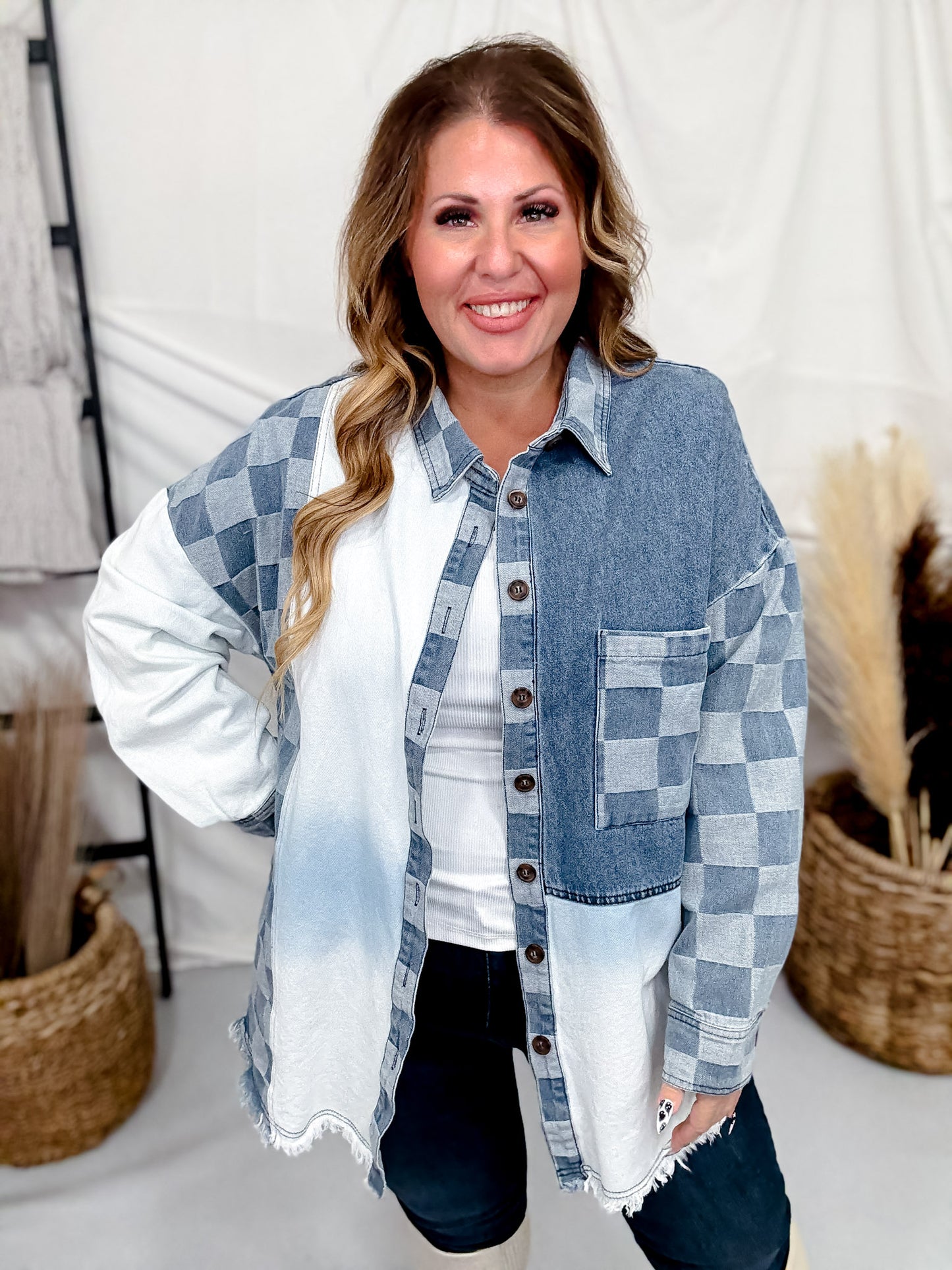 Checkerboard Color Block Denim Button Down Top