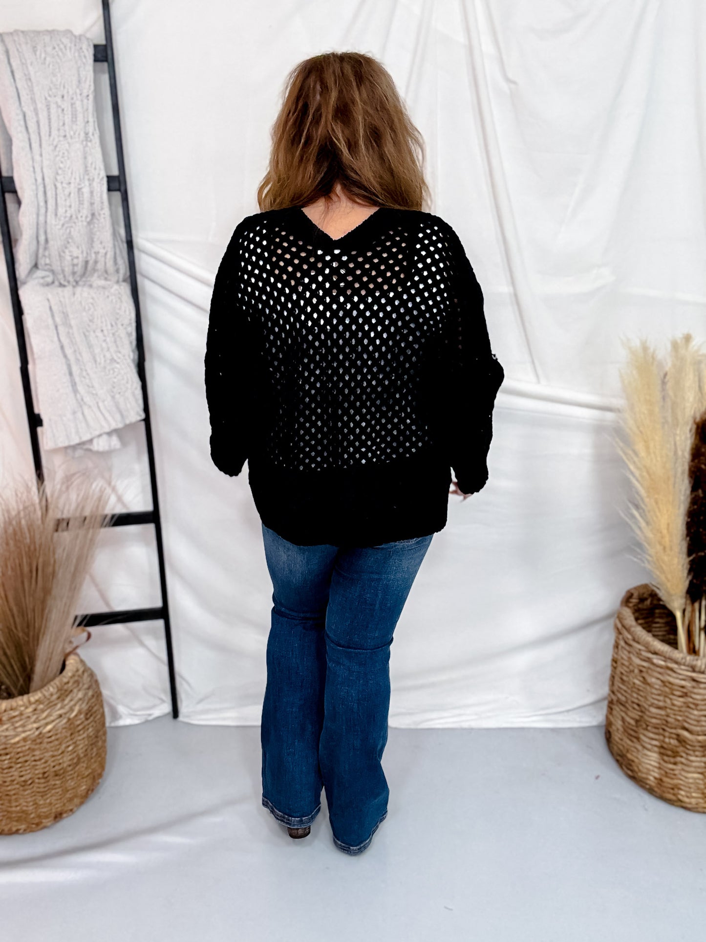 Black Open Front Crochet Cardigan