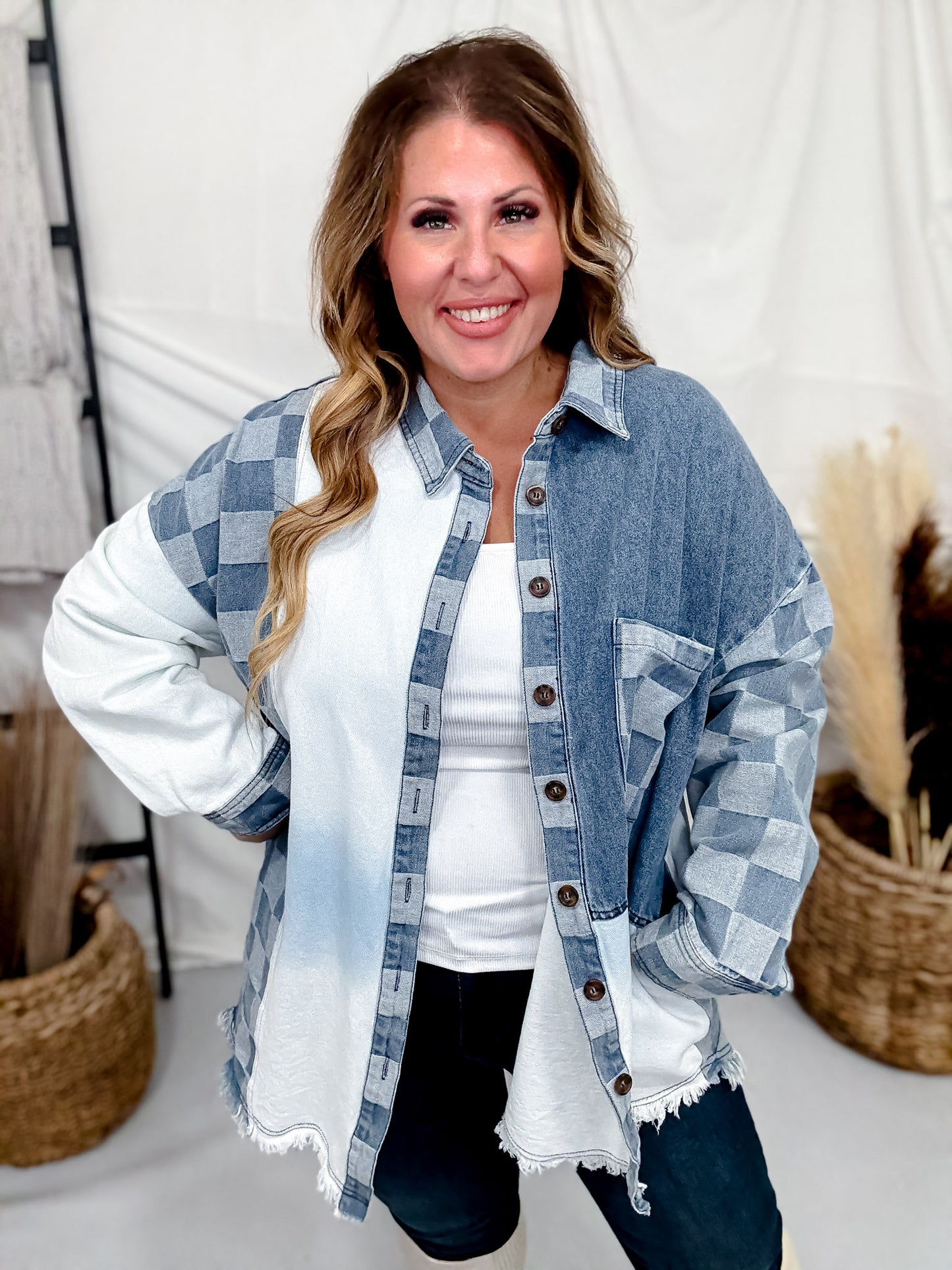 Checkerboard Color Block Denim Button Down Top