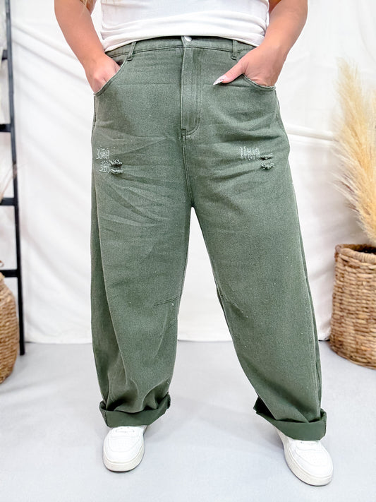 Olive Acid Washed Barrel Leg Denim Pants