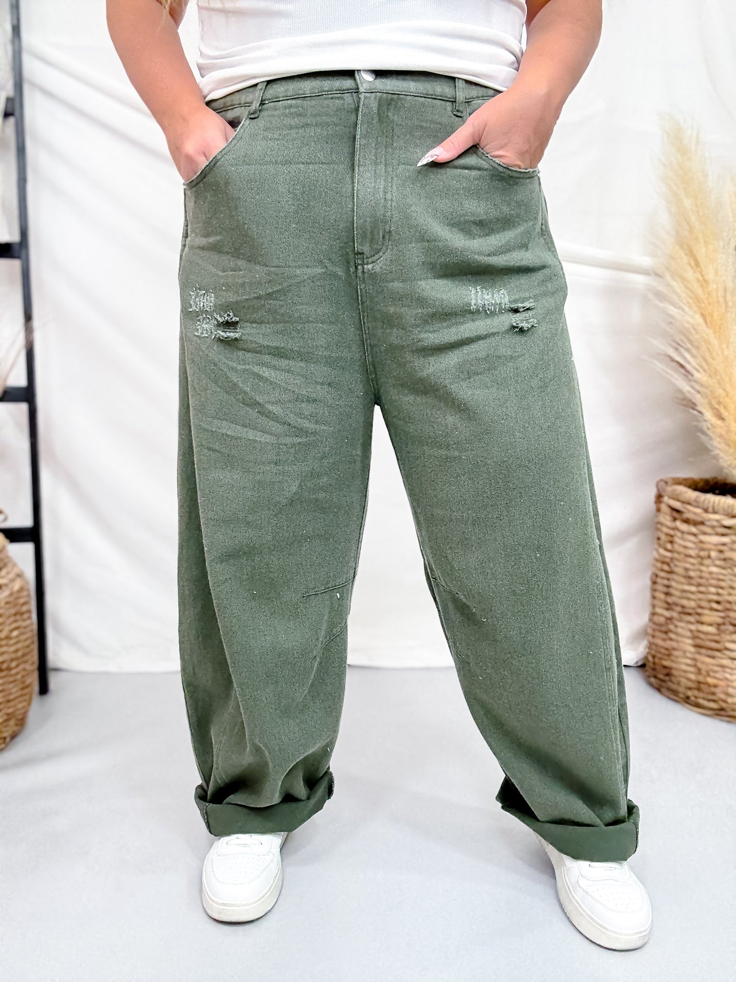 Olive Acid Washed Barrel Leg Denim Pants