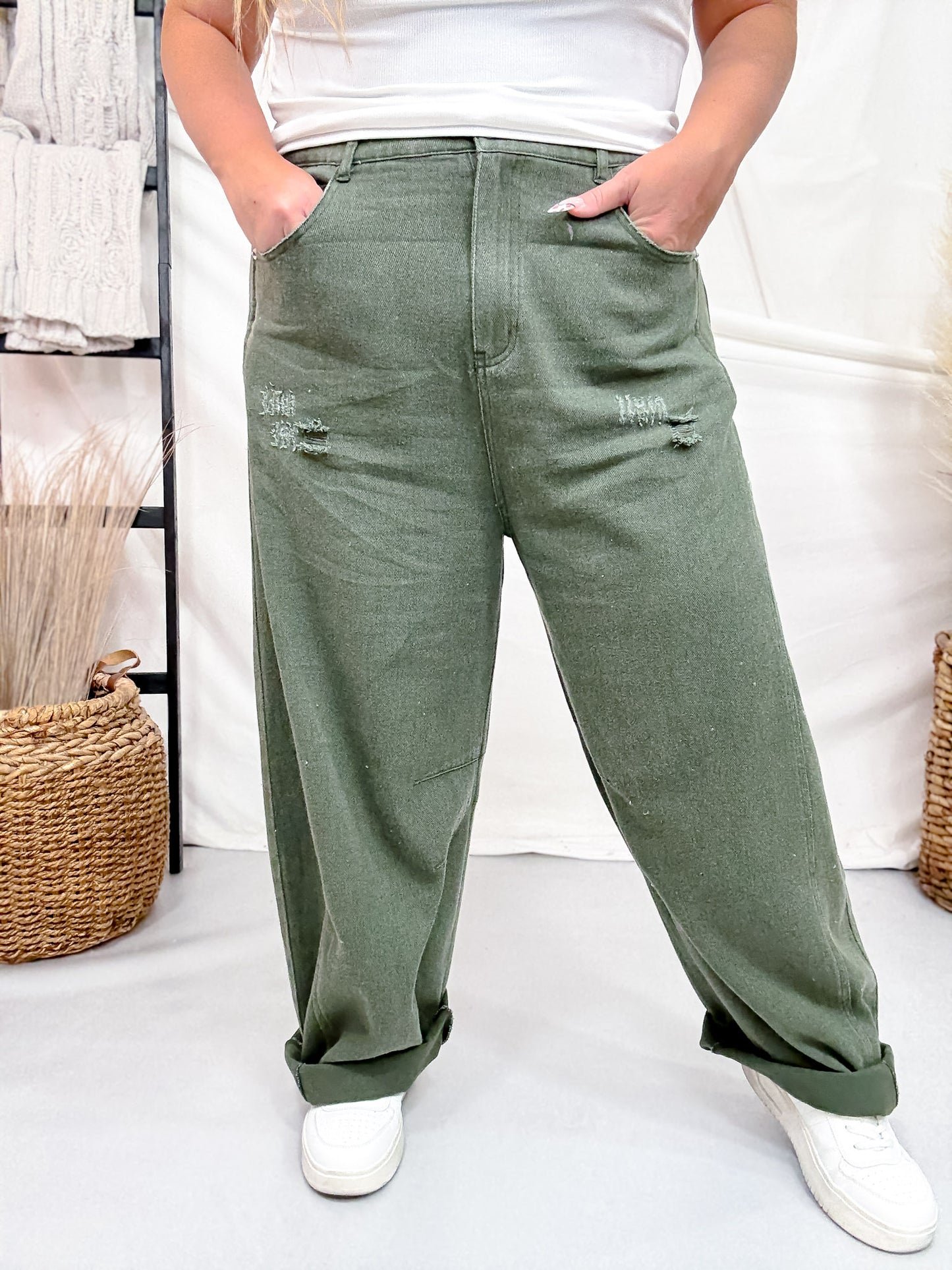 Olive Acid Washed Barrel Leg Denim Pants