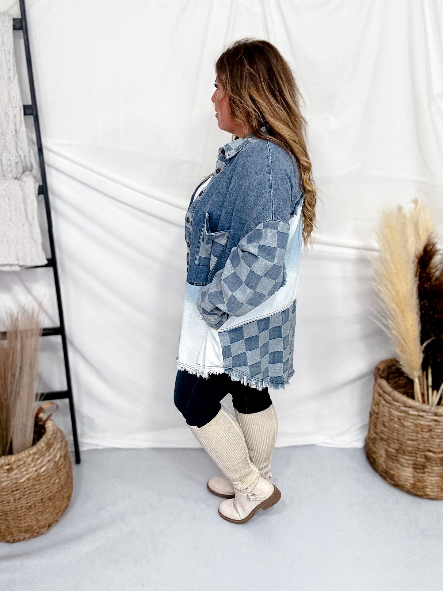 Checkerboard Color Block Denim Button Down Top