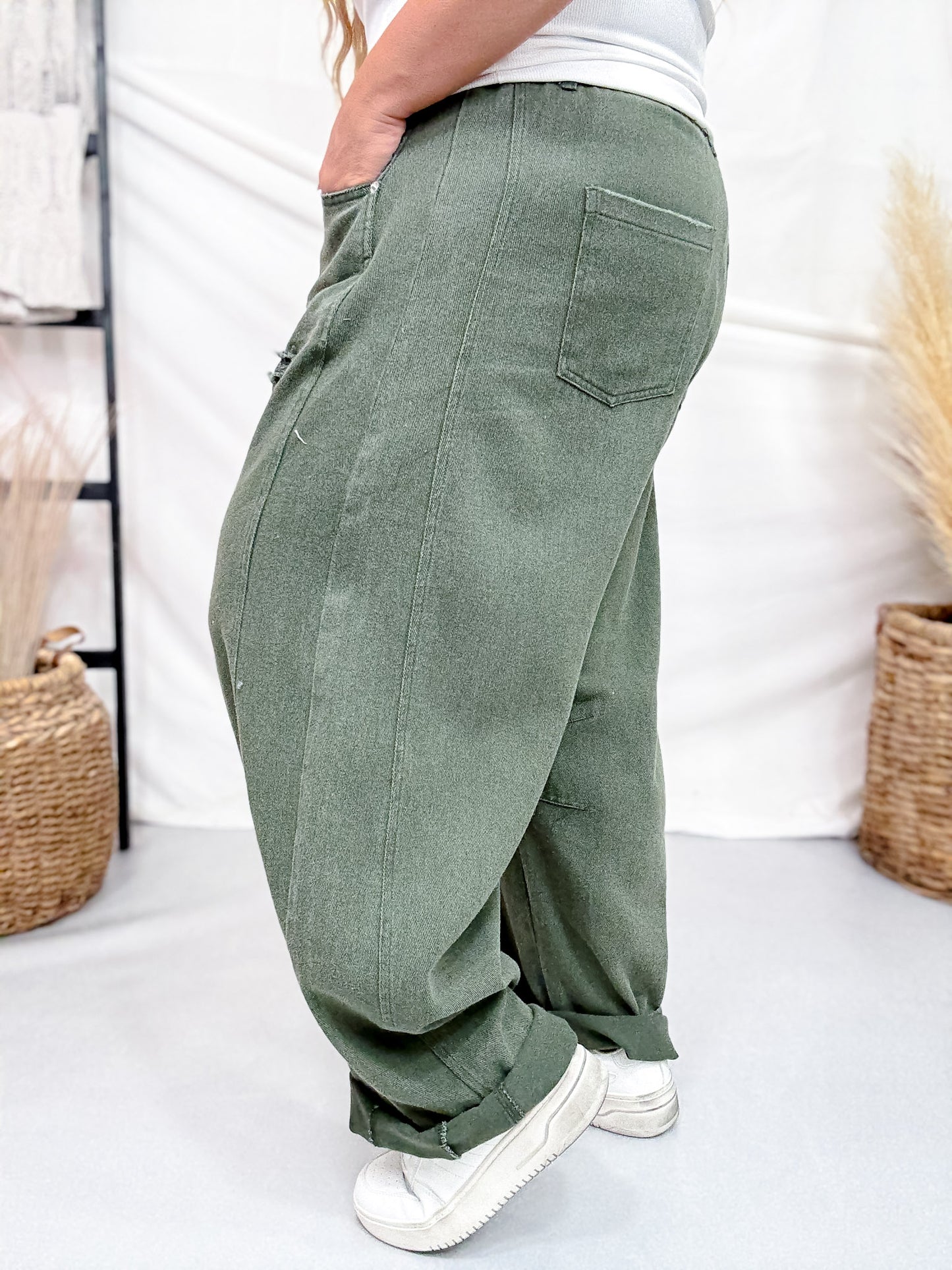 Olive Acid Washed Barrel Leg Denim Pants
