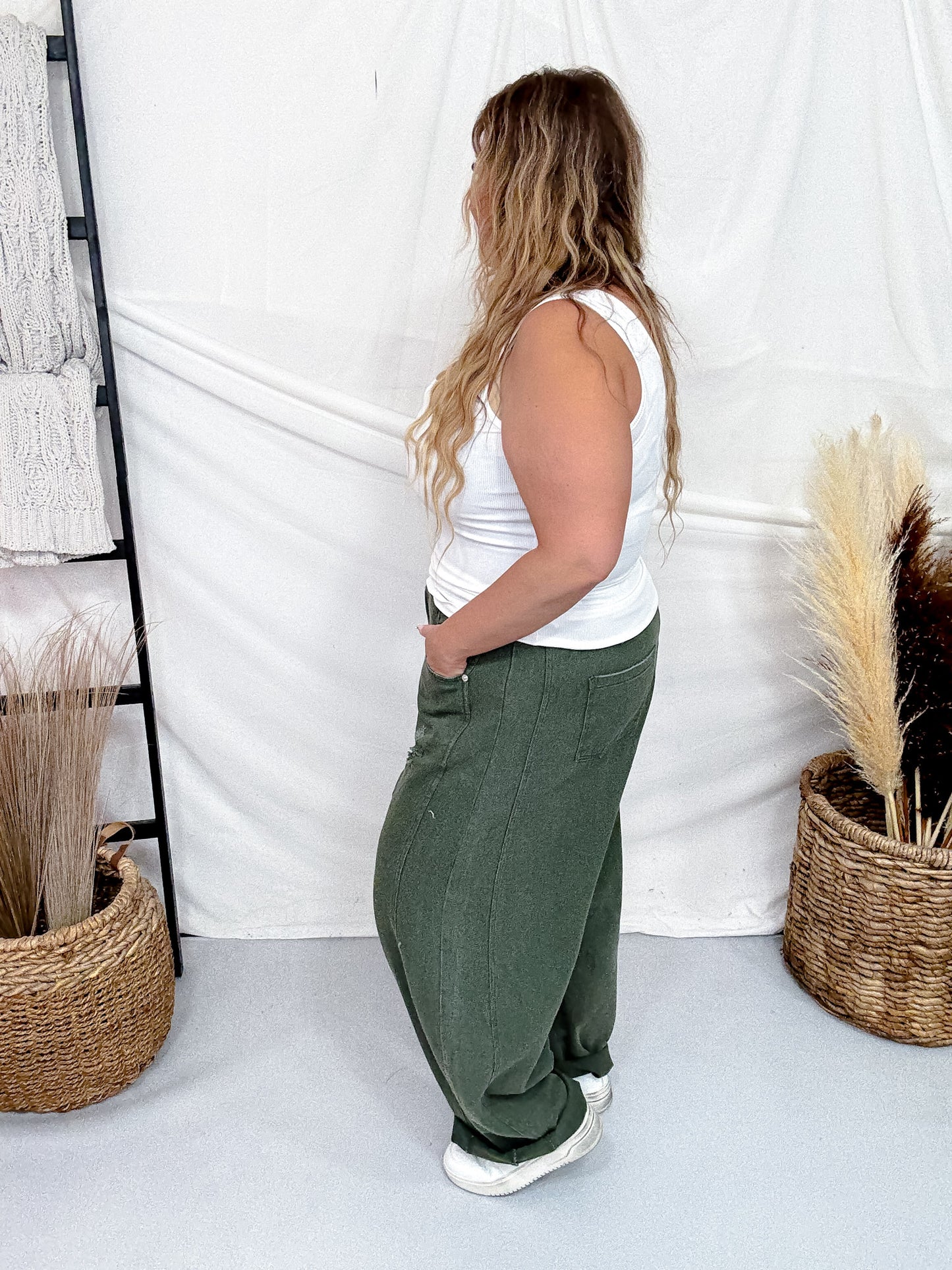 Olive Acid Washed Barrel Leg Denim Pants