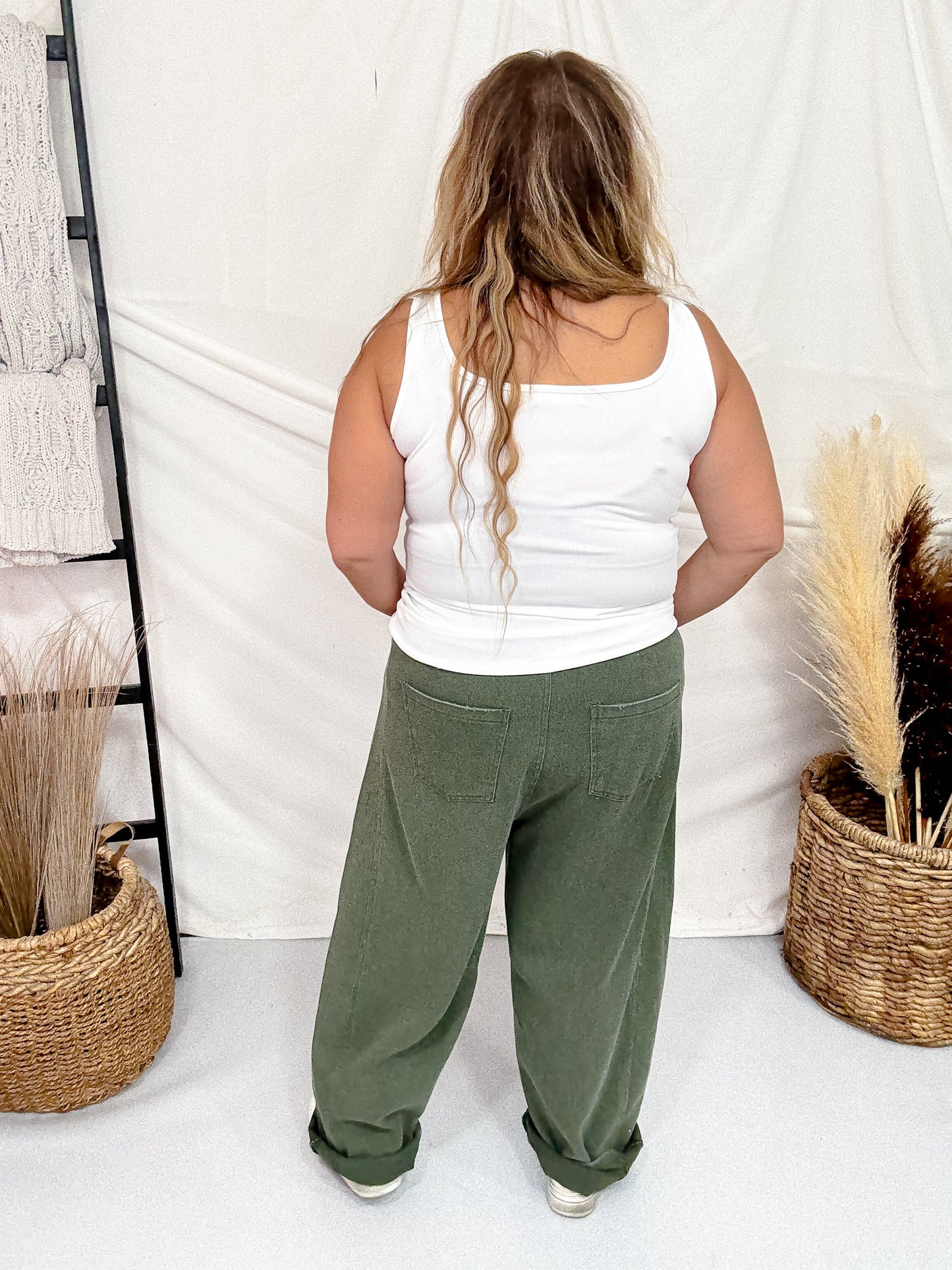 Olive Acid Washed Barrel Leg Denim Pants