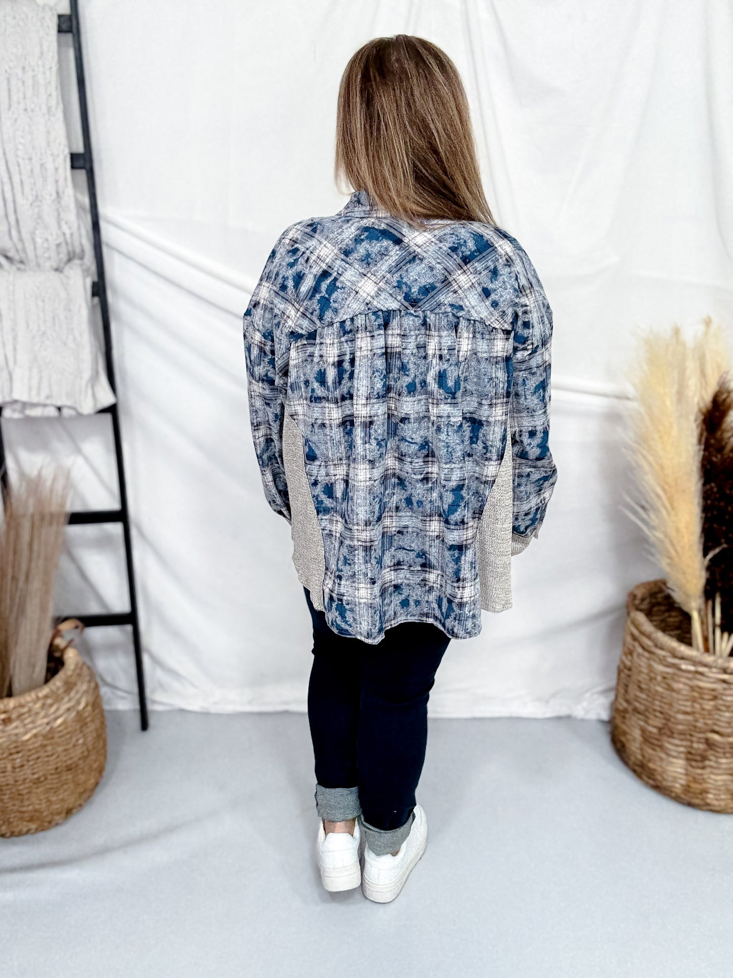 Blue Plaid Bleach Splatter Flannel With Stud Accents