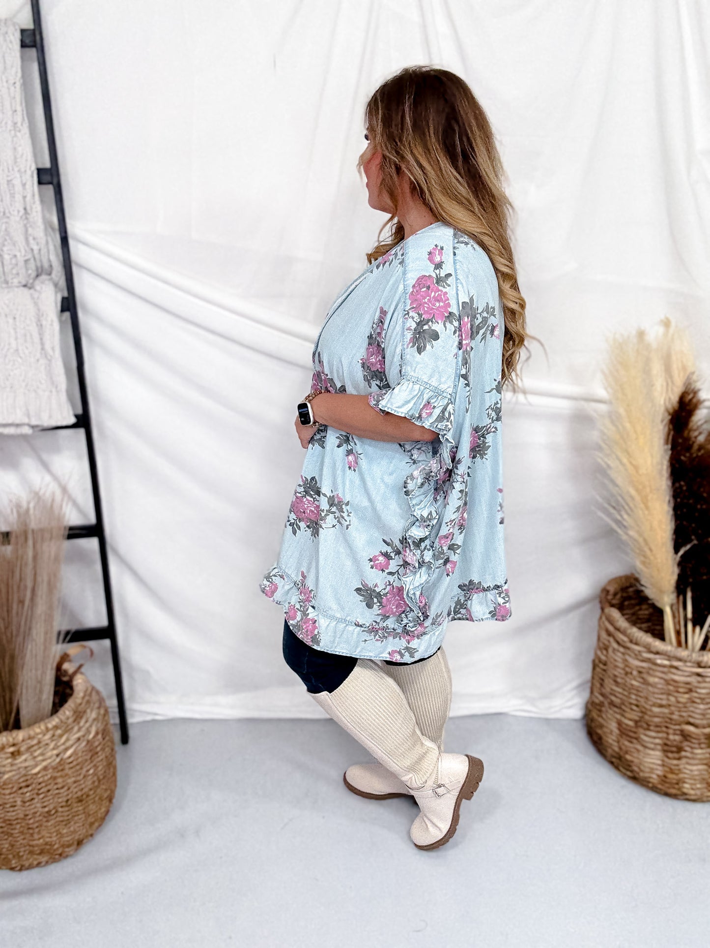 Floral Print Light Blue Chambray Cardigan With Ruffled Hems