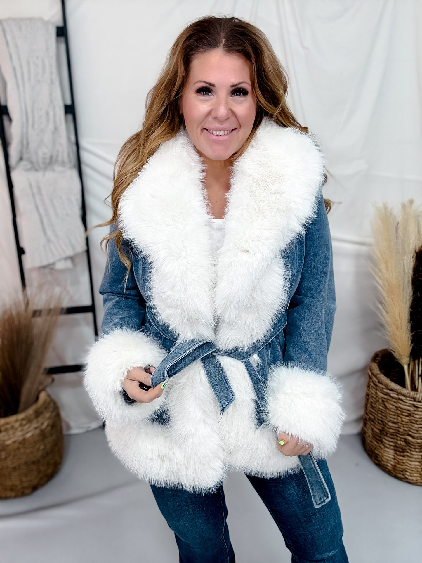 Open Front Denim Jacket With Faux Fur Trim