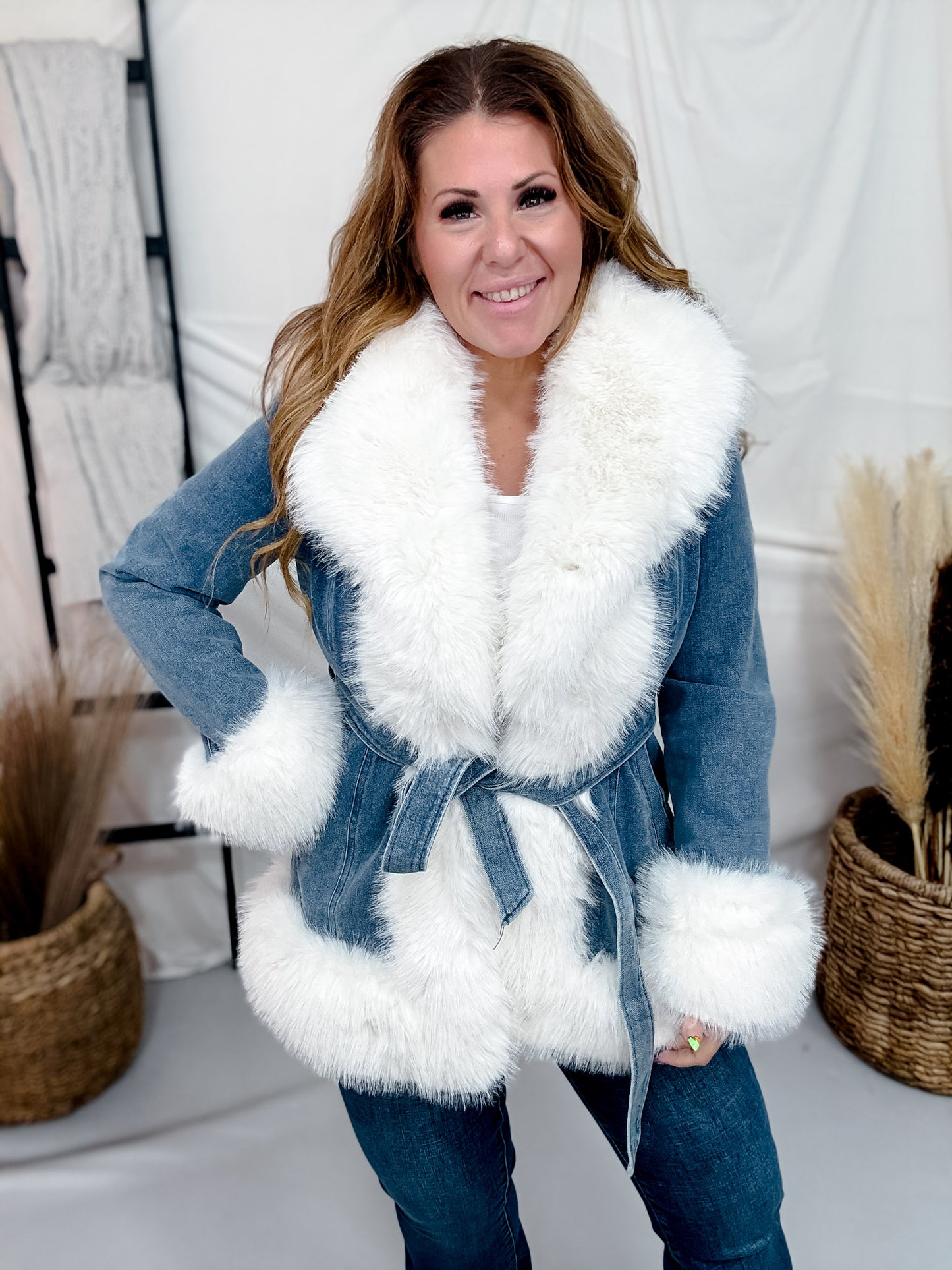 Open Front Denim Jacket With Faux Fur Trim