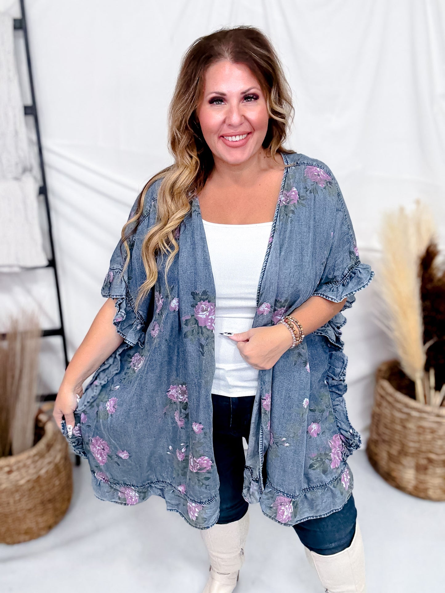 Dark Blue Floral Print Chambray Cardigan With Ruffled Hems