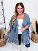 Dark Blue Floral Print Chambray Cardigan With Ruffled Hems