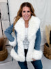 Open Front Denim Jacket With Faux Fur Trim