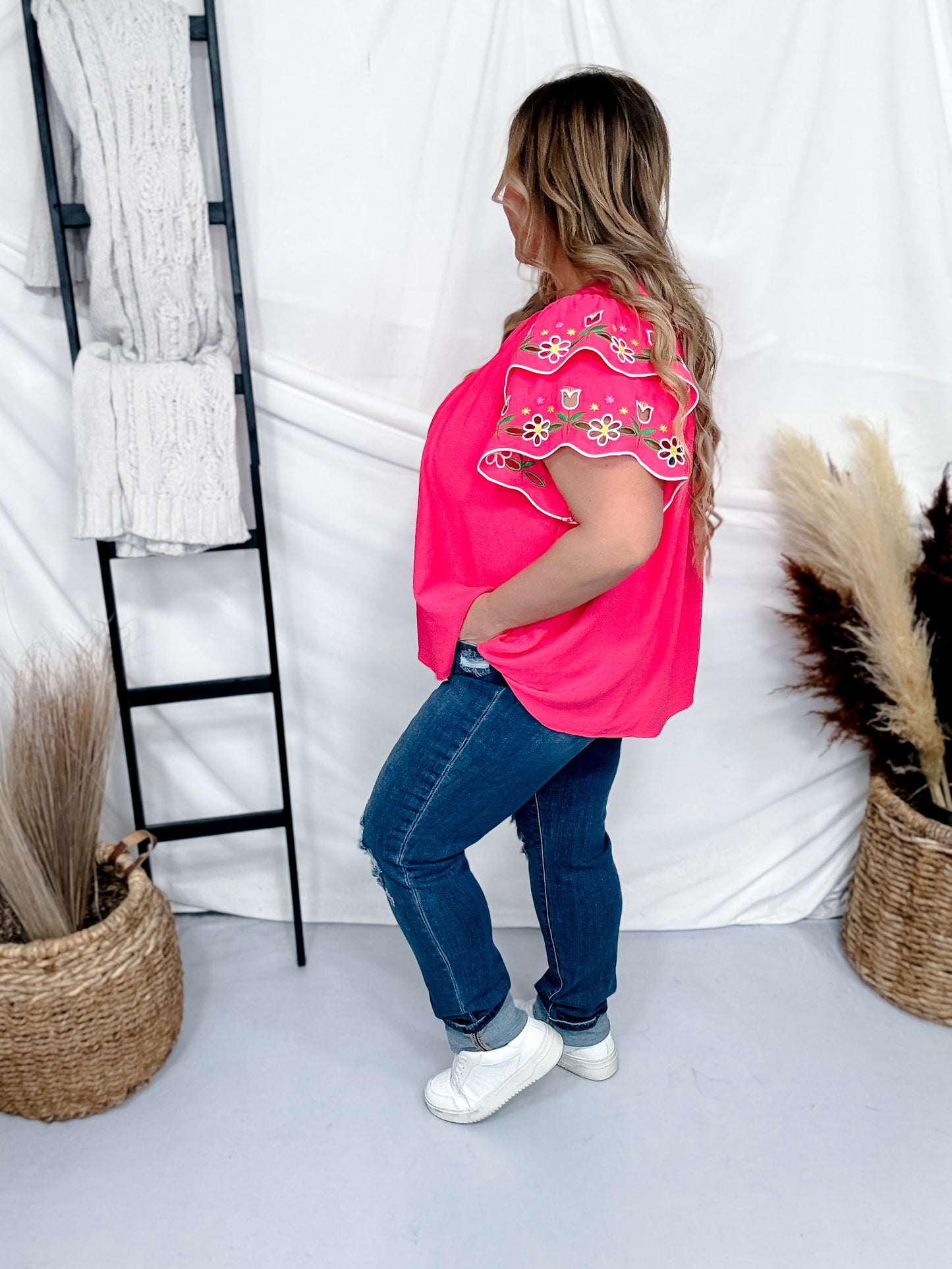 Sunset Coral Airflow Fabric Blouse W/ Embroidered Sleeves
