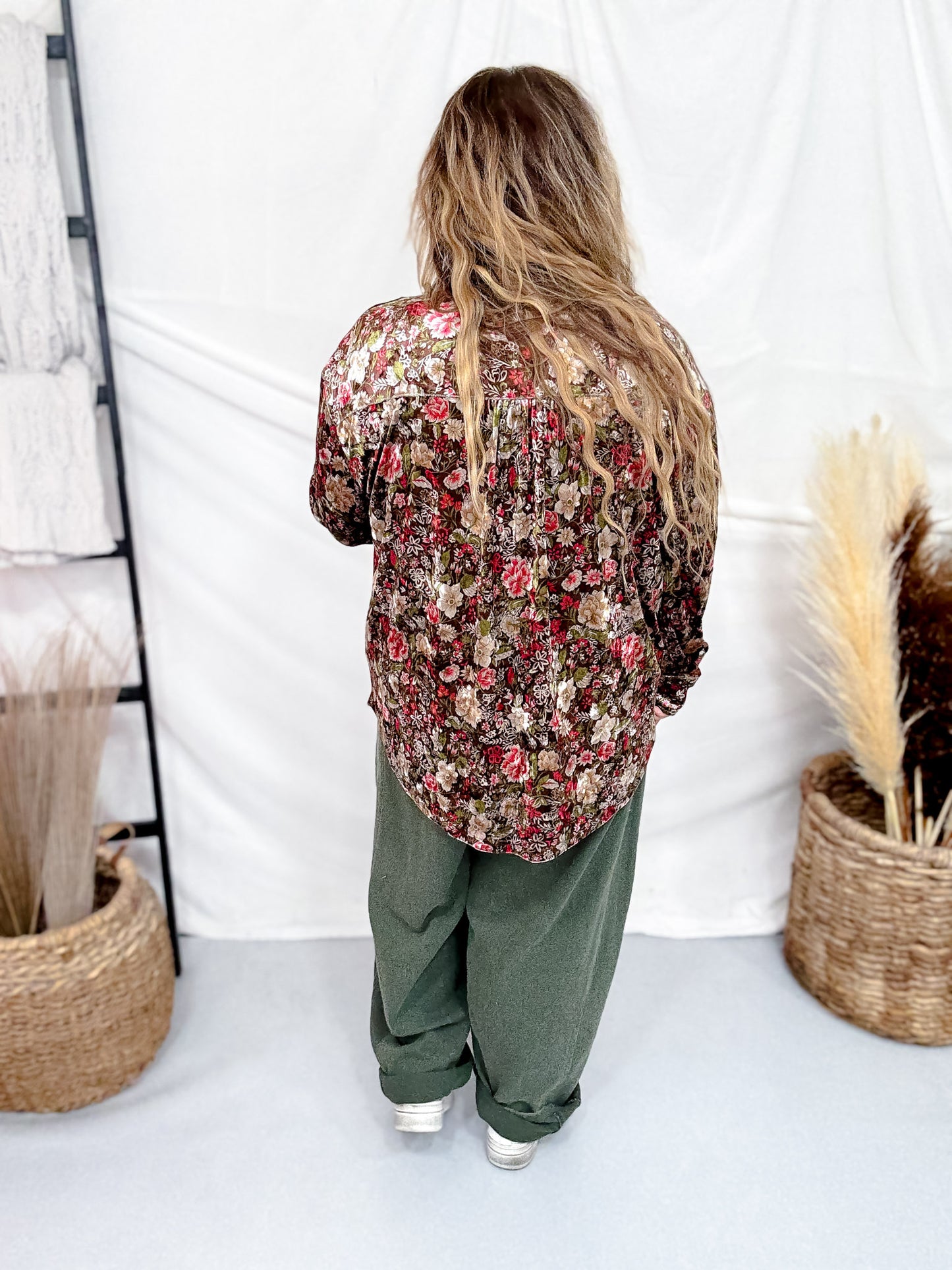 Velvet Textured Floral Print Button Down Blouse