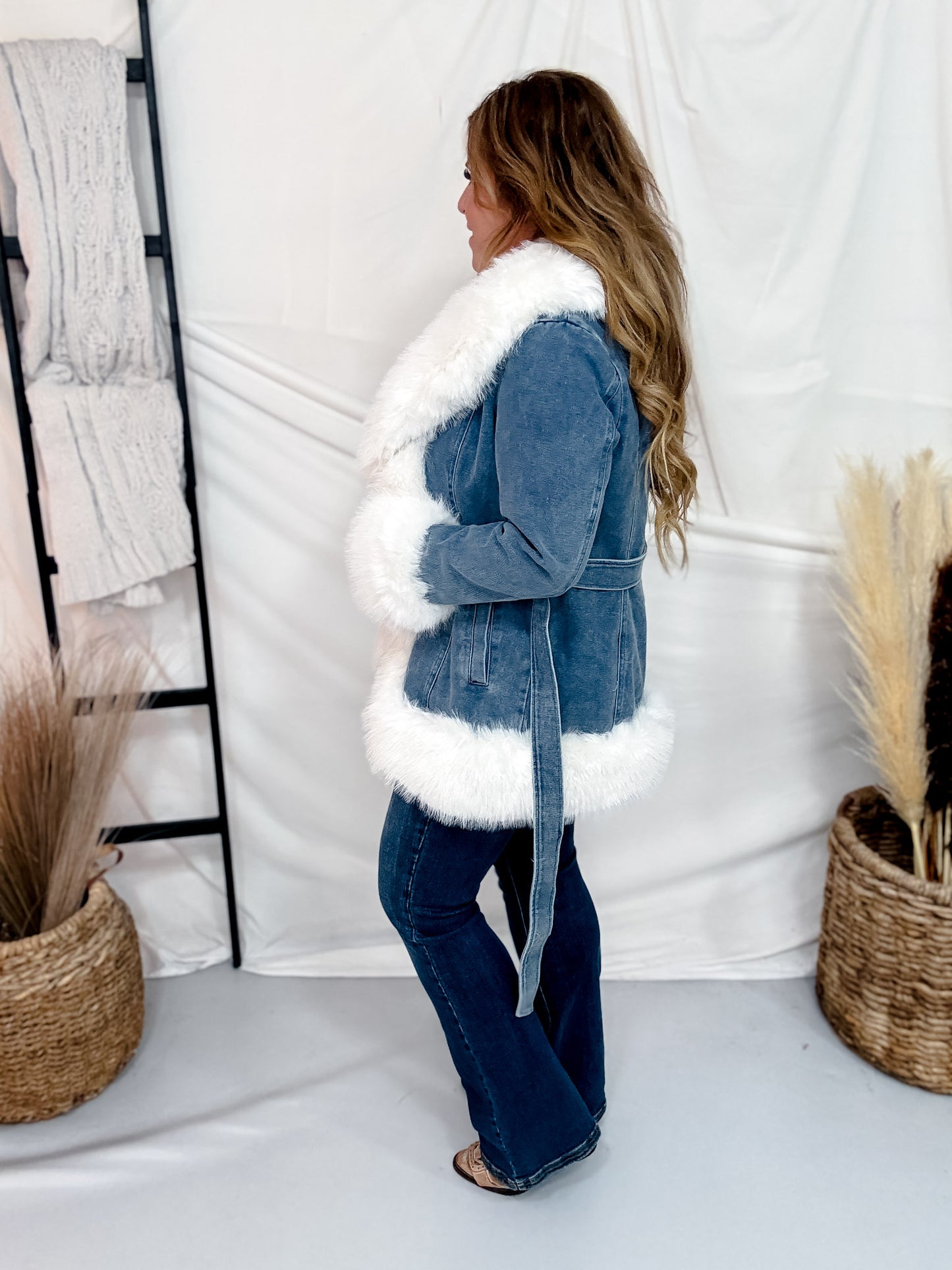 Open Front Denim Jacket With Faux Fur Trim