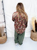 Velvet Textured Floral Print Button Down Blouse