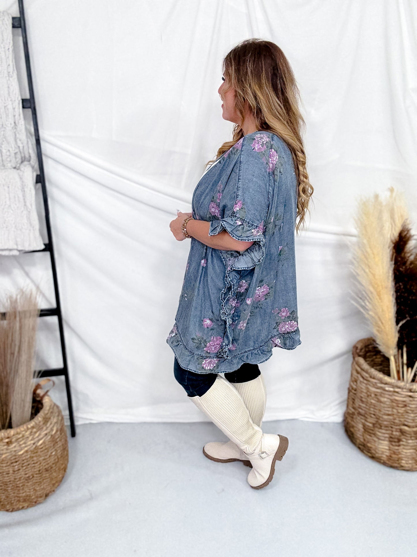 Dark Blue Floral Print Chambray Cardigan With Ruffled Hems