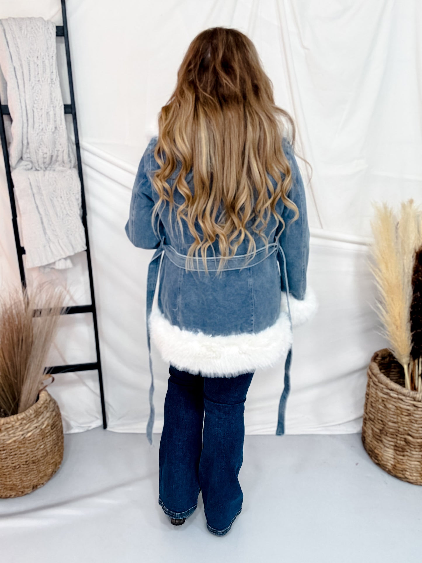 Open Front Denim Jacket With Faux Fur Trim