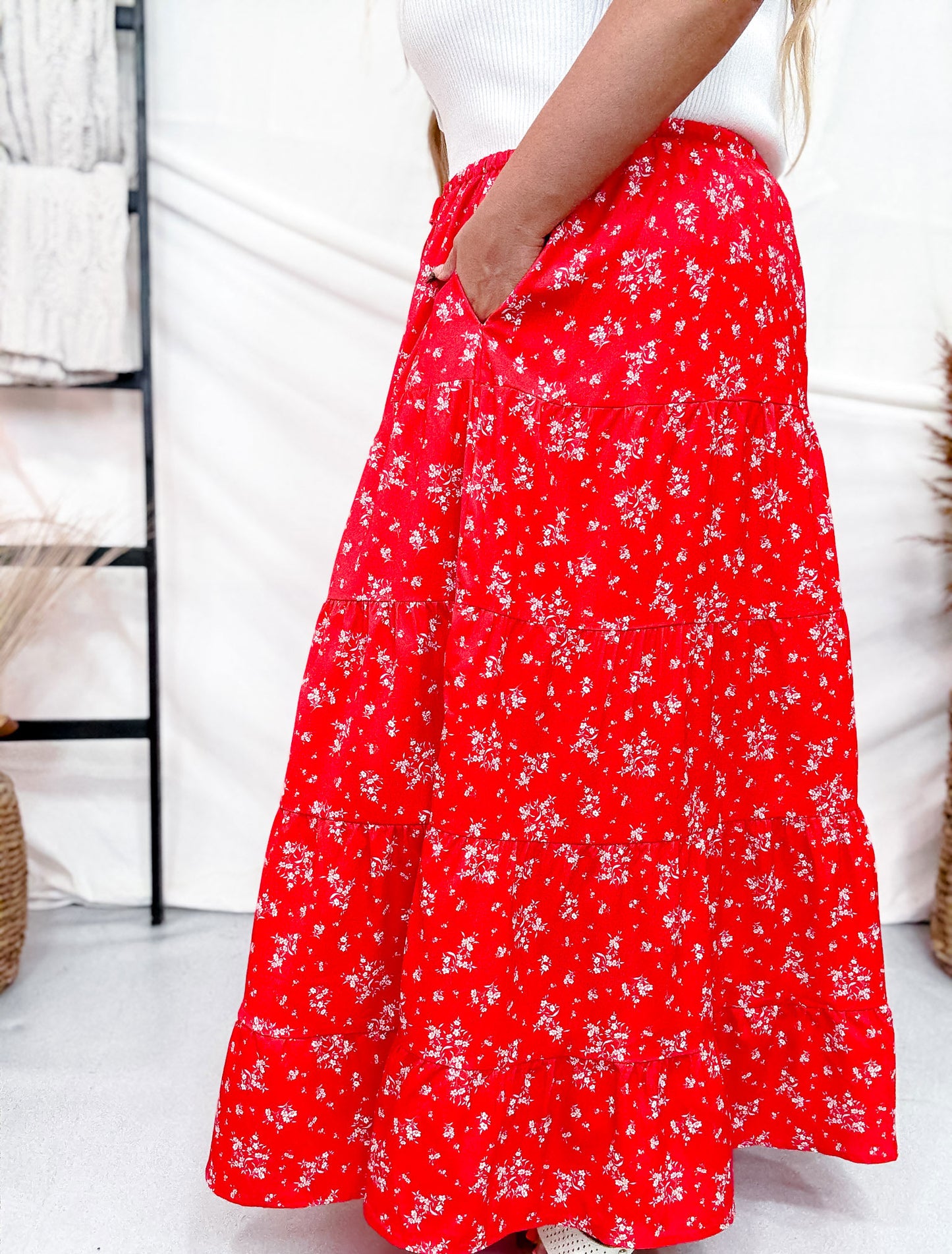 Red Floral Tiered Maxi Skirt