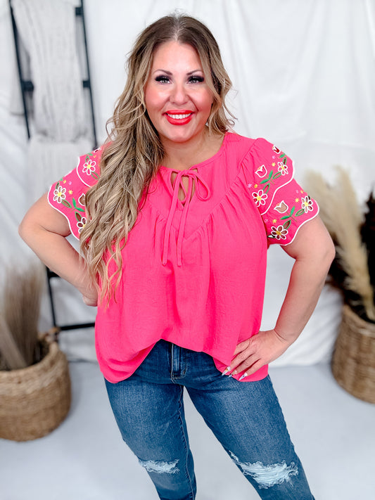 Sunset Coral Airflow Fabric Blouse W/ Embroidered Sleeves