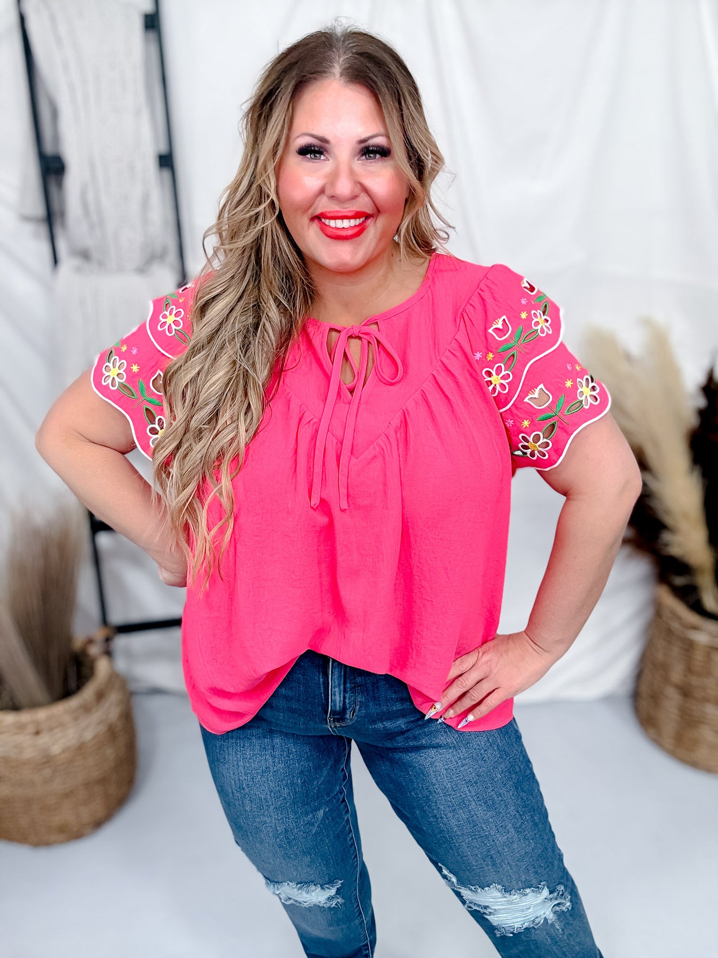 Sunset Coral Airflow Fabric Blouse W/ Embroidered Sleeves
