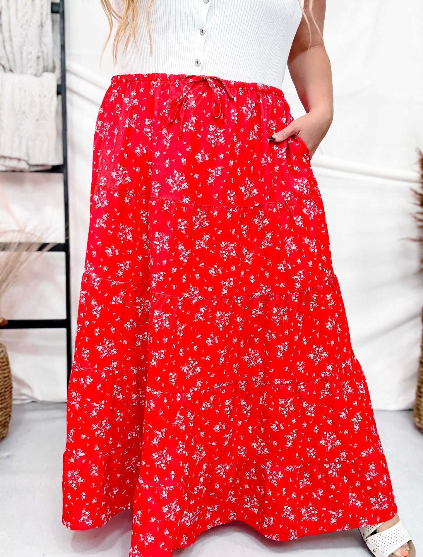Red Floral Tiered Maxi Skirt