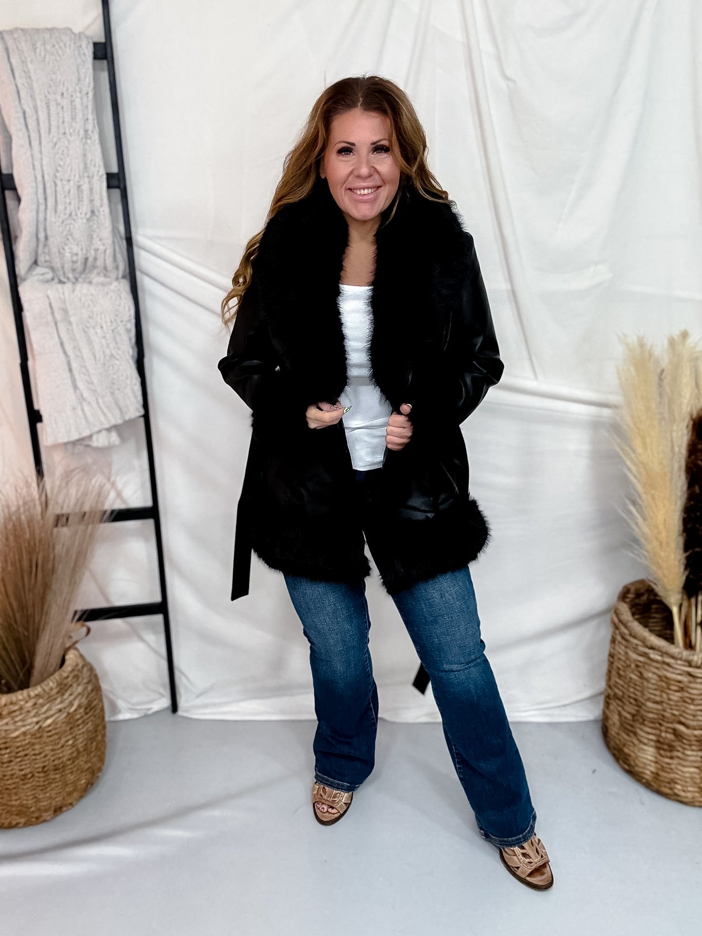 Black Belted Faux Fur & Leather Coat