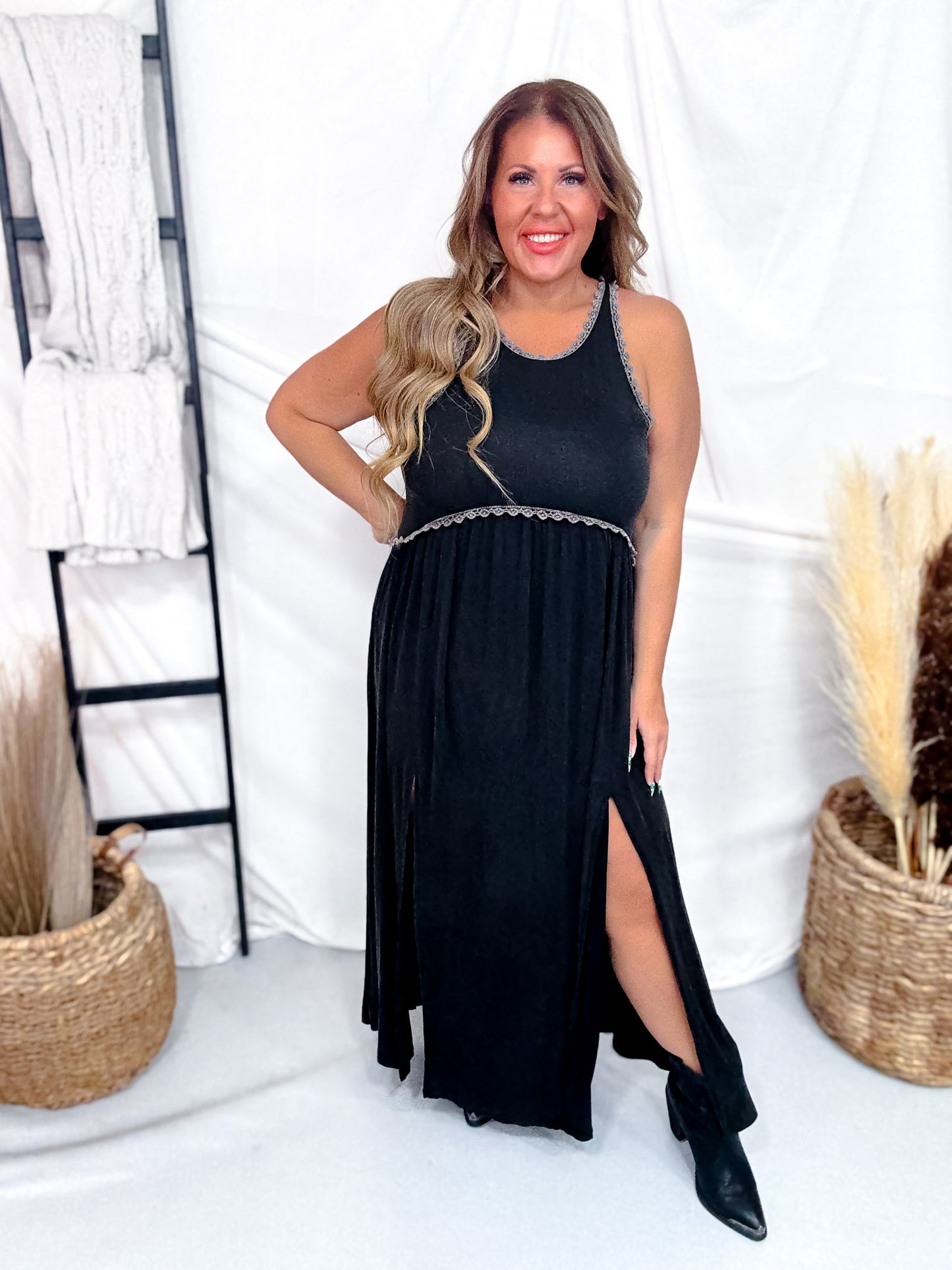Black Sleeveless Racerback Maxi Dress With Embroidered Hems