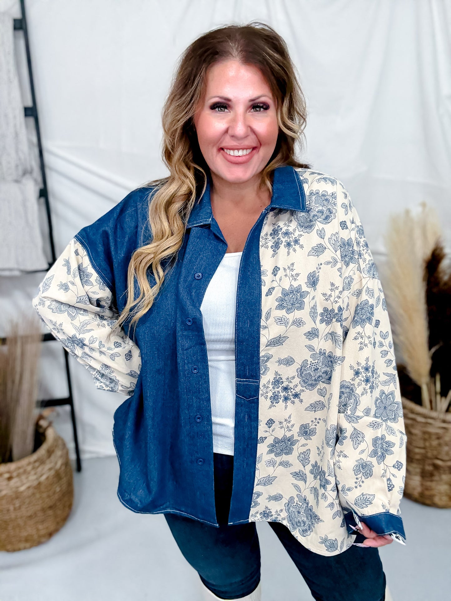 Denim & Floral Colorblock Button Down Top