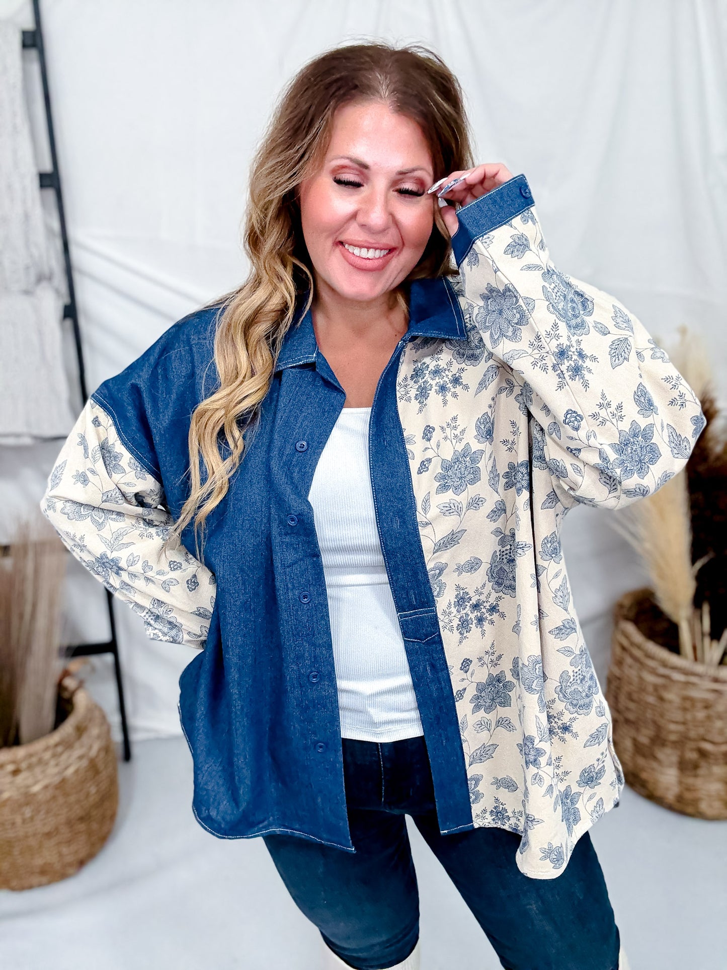 Denim & Floral Colorblock Button Down Top