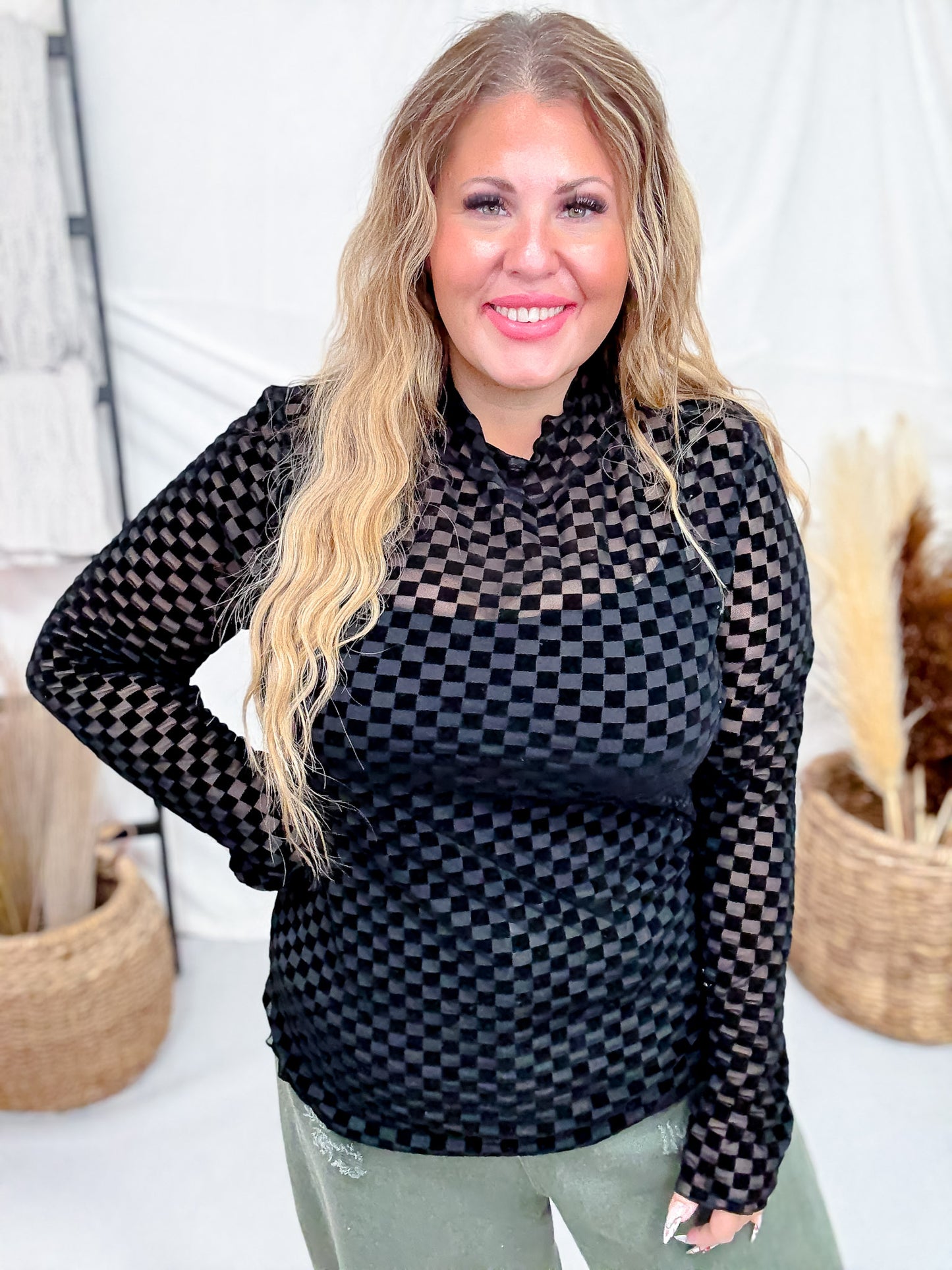 Black On Black Checkerboard Long Sleeve Mesh Top