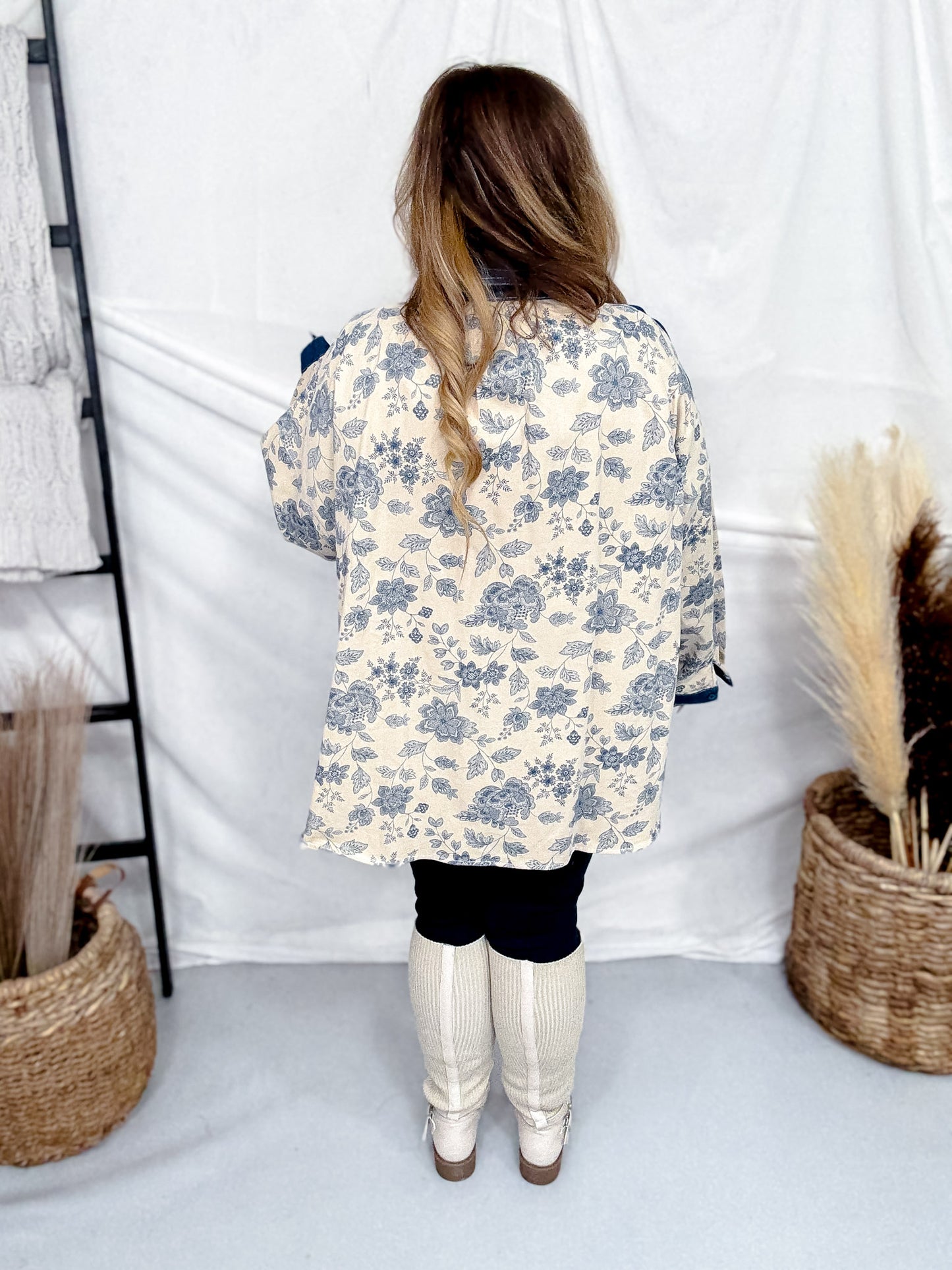 Denim & Floral Colorblock Button Down Top