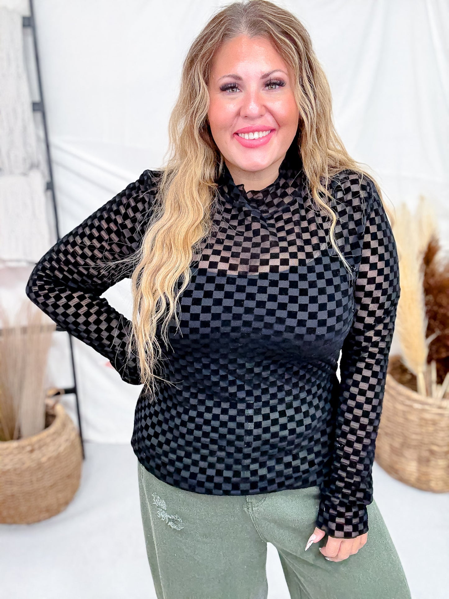 Black On Black Checkerboard Long Sleeve Mesh Top